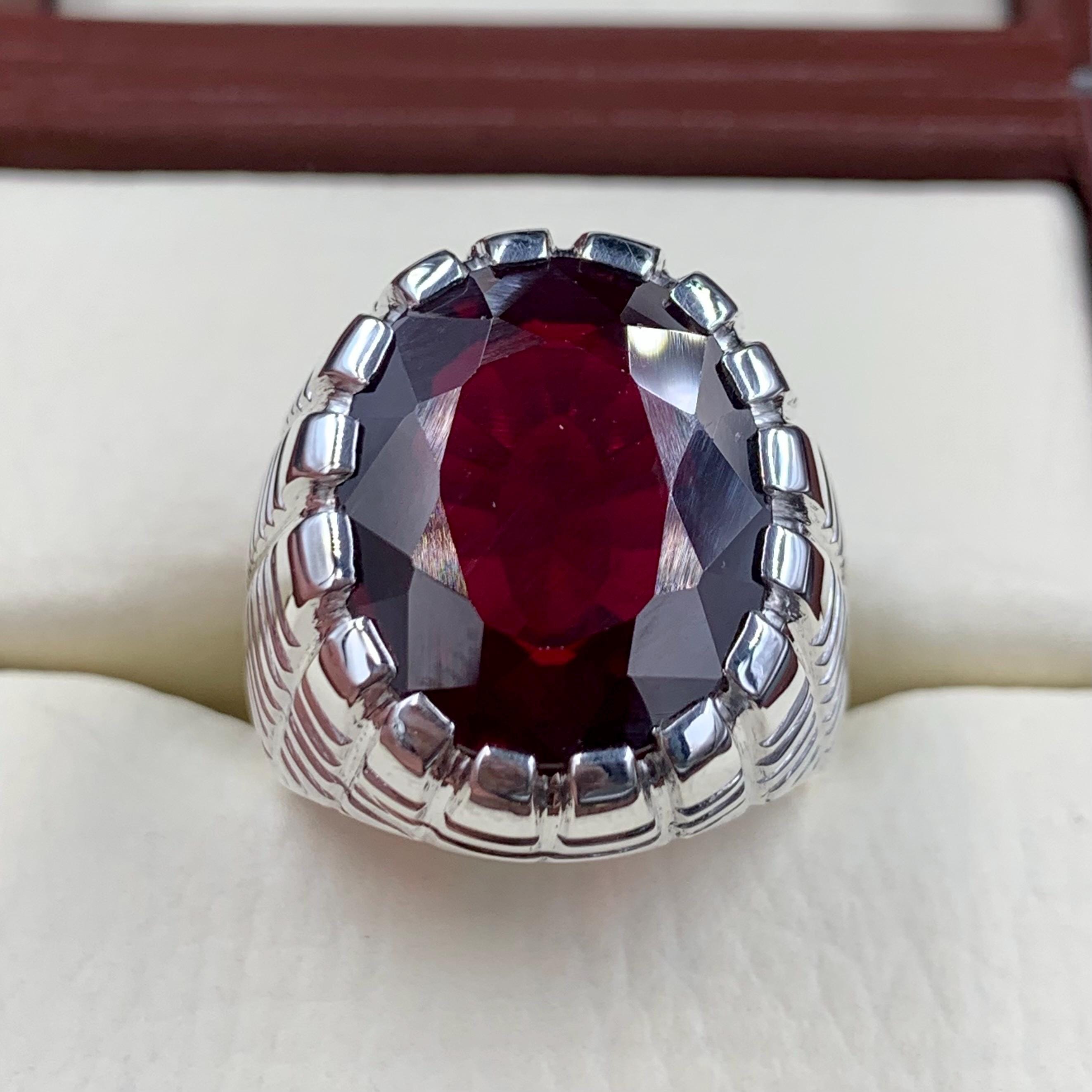 Handcrafted Mens Garnet Ring, Red Garnet 925 Sterling Silver Ring, Garnet Ring