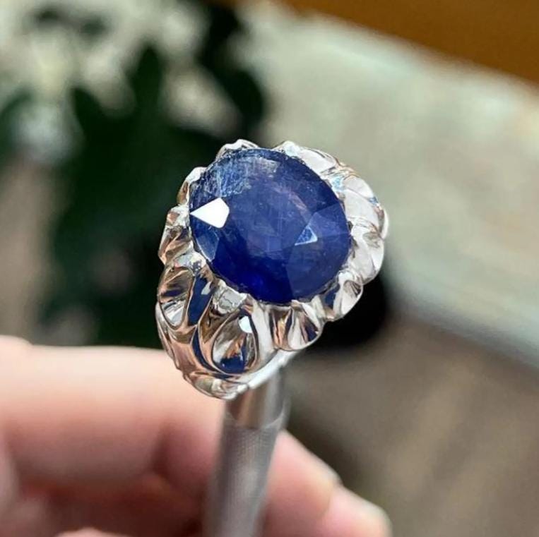 Handcrafted 10 Carats Sapphire Ring, Mens Sapphire Ring, Natural Sapphire 925 Sterling Silver Ring, Neelam Ring