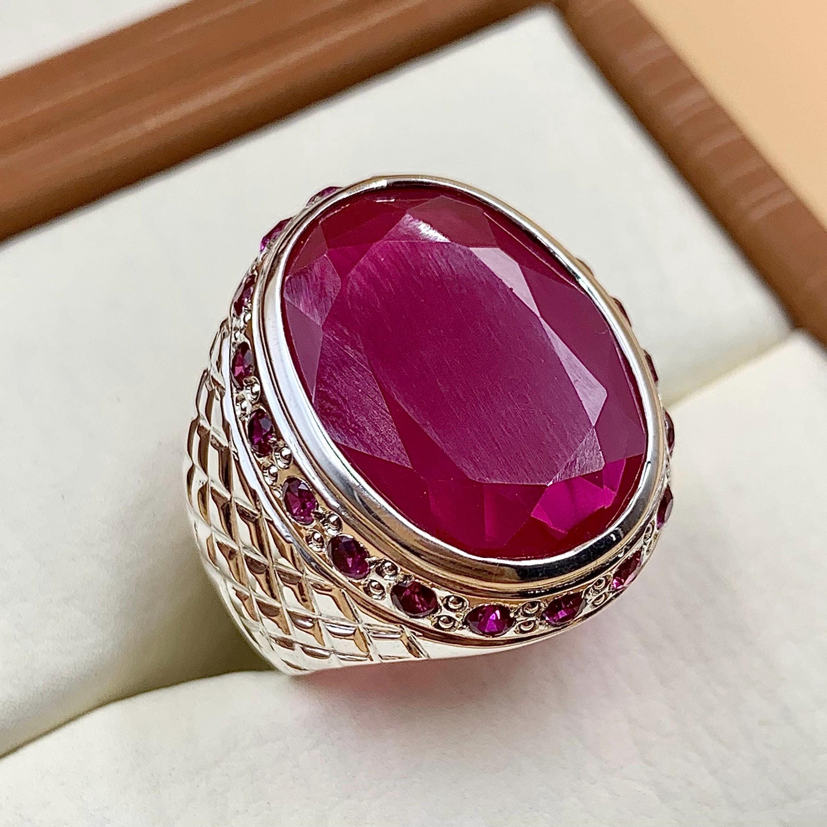 Handcrafted Big Deep Red Ruby Mens Ring Sterling Silver 925 Anari Yaqoot Ring Roby Gemstone Ring