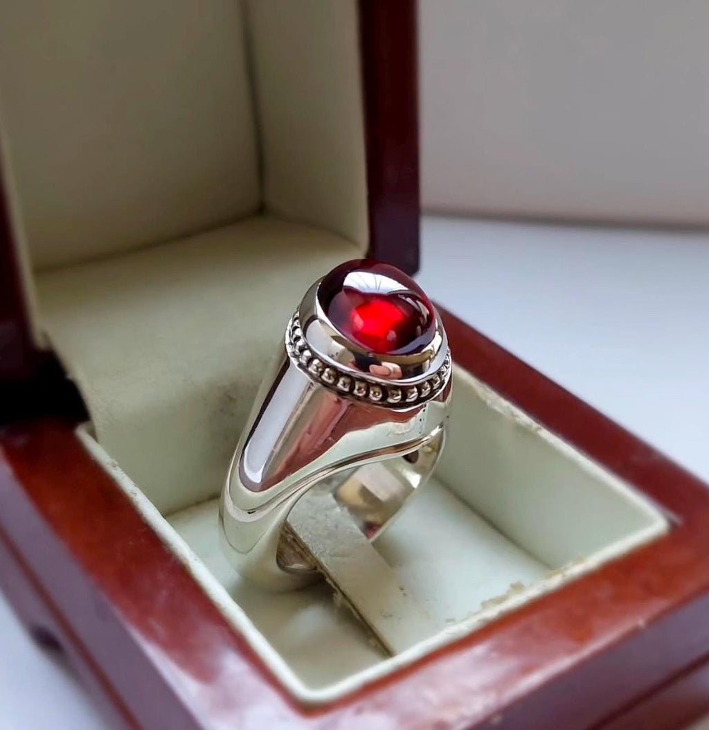 Handcrafted Big Deep Red Ruby Mens Ring Sterling Silver 925 Anari Yaqoot Ring Roby Gemstone Ring