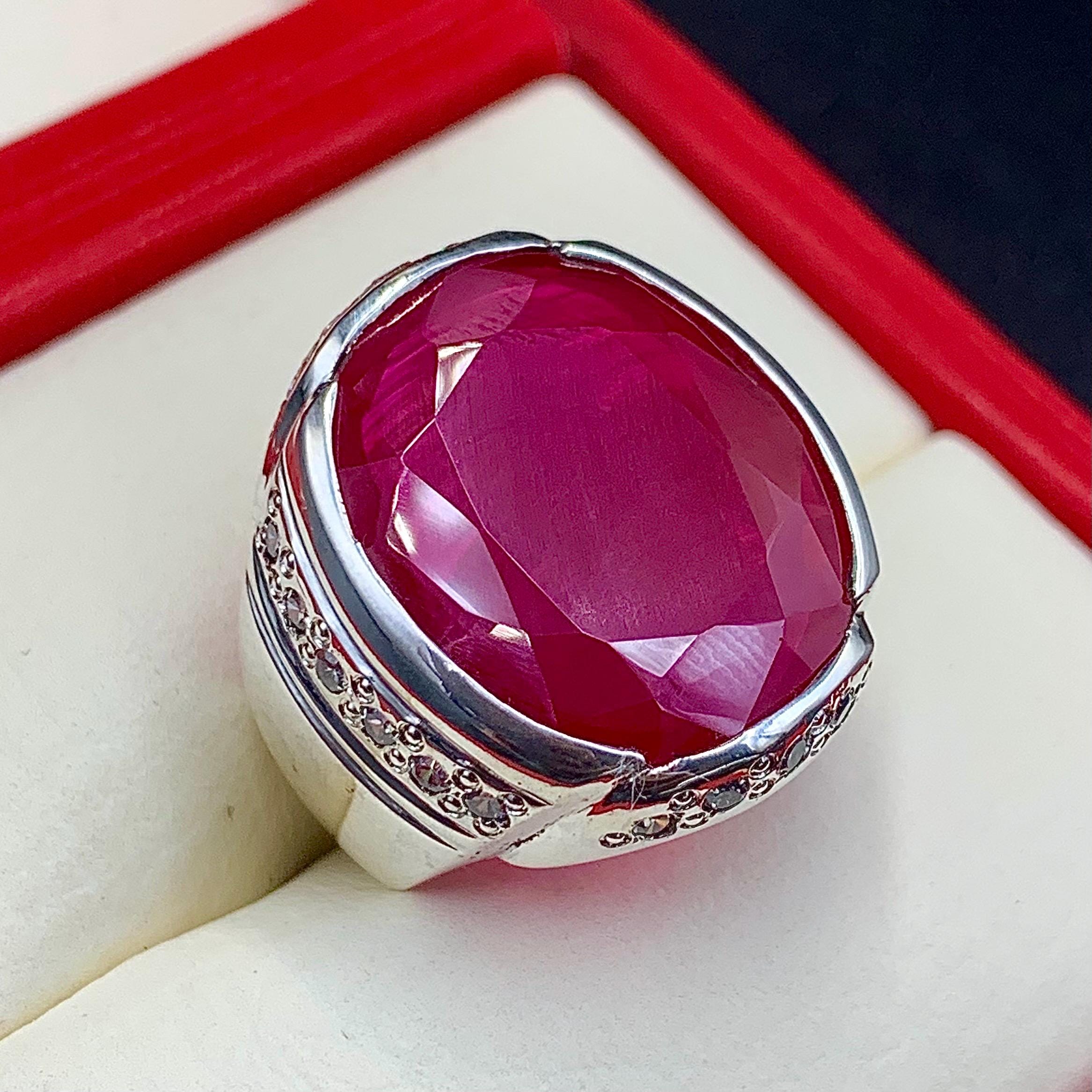 Handcrafted Big Deep Red Ruby Mens Ring Sterling Silver 925 Anari Yaqoot Ring Roby Gemstone Ring