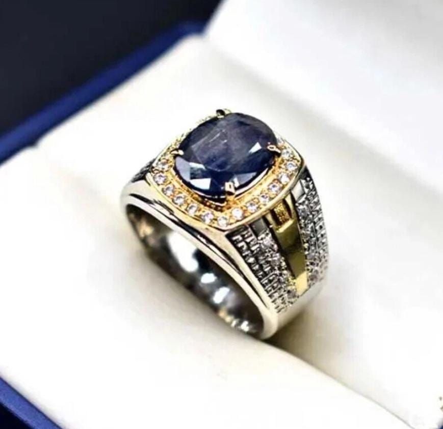Handcrafted Mens Sapphire Ring, Blue Sapphire Gold Plated Natural Sapphire 925 Sterling Silver Ring, Neelam Ring