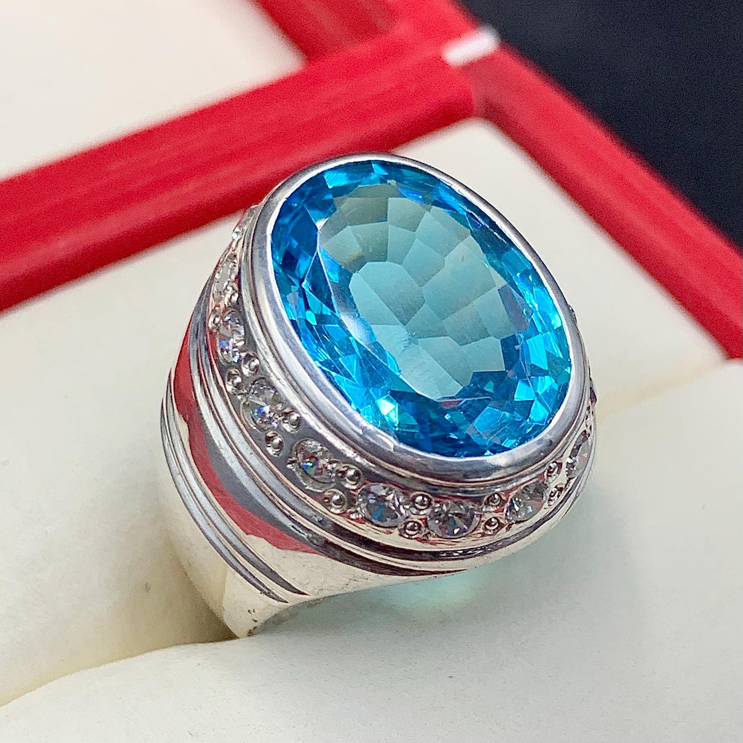 Handcrafted Blue Topaz Ring For Men, 925 Sterling Silver Topaz Stone Ring, Man Made Topaz Ring