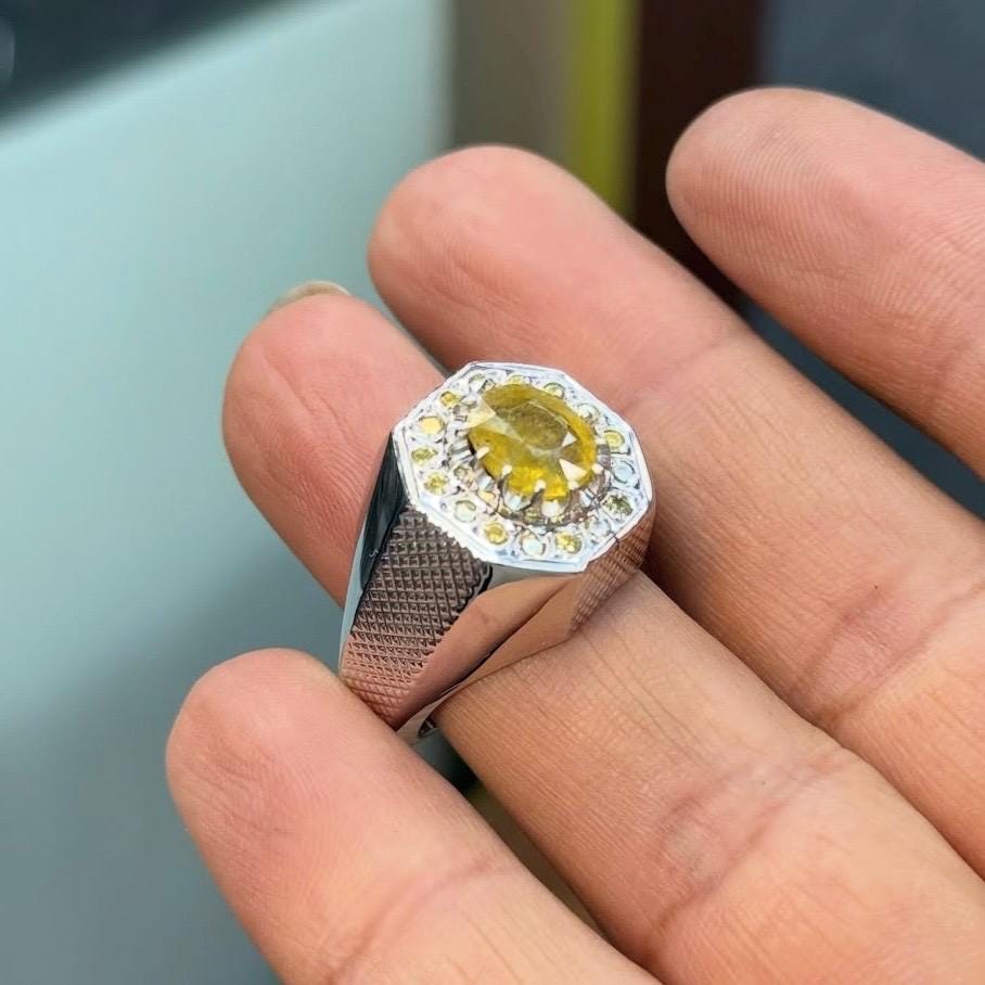 Handcrafted Mens Sapphire Ring, Yellow Sapphire Ring, Natural Sapphire 925 Sterling Silver Ring, Pukhraj Ring