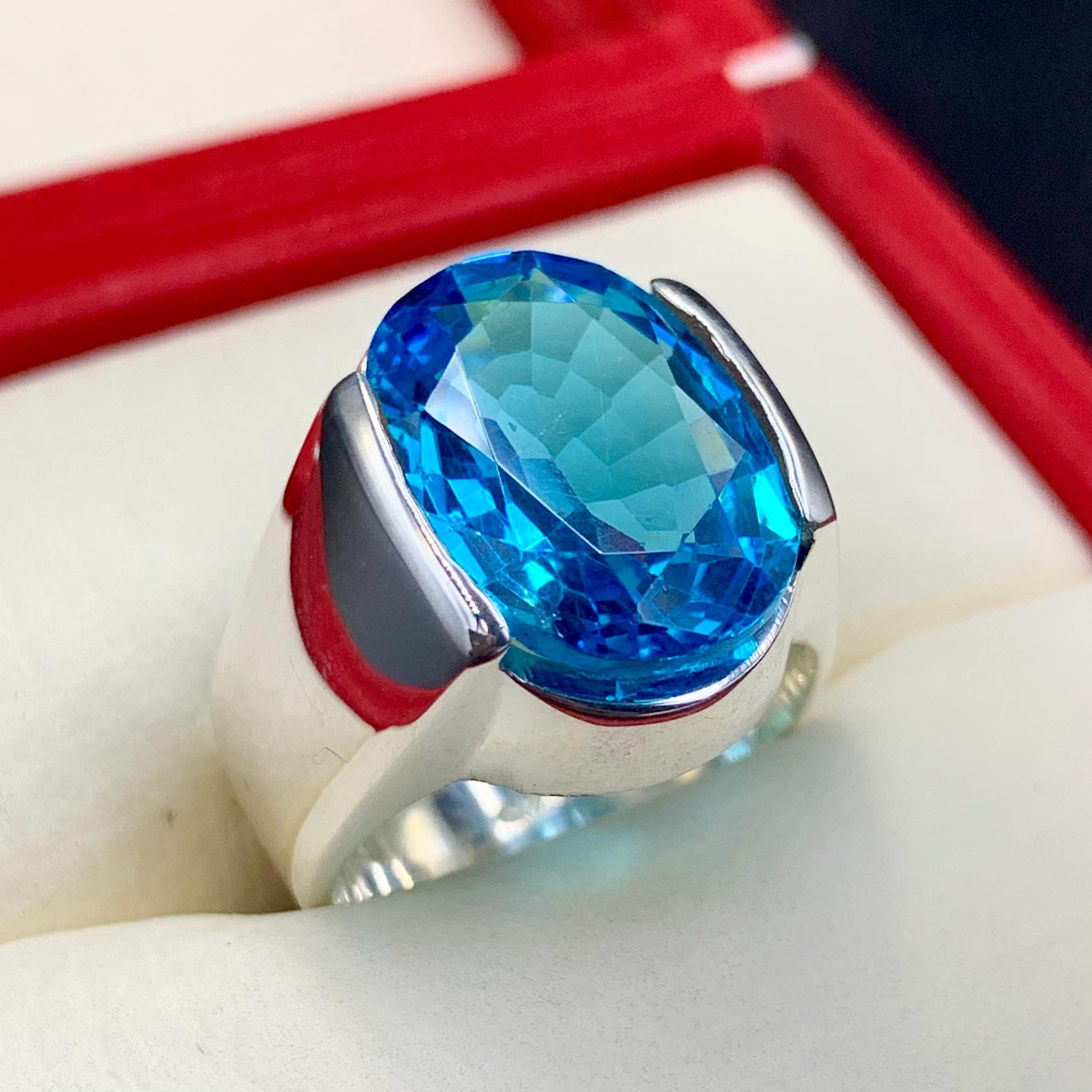 Handcrafted Blue Topaz Ring For Men, 925 Sterling Silver Topaz Stone Ring, Man Made Topaz Ring