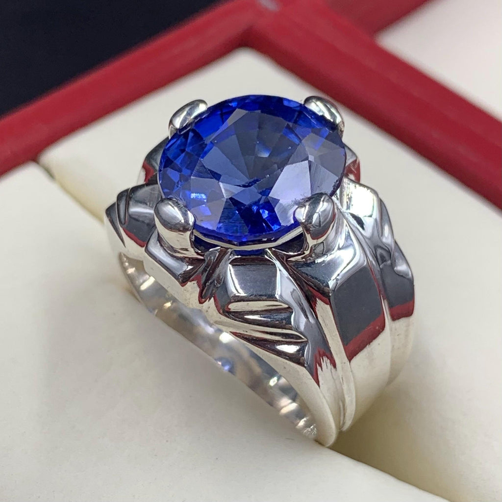 Handcrafted Big Blue Sapphire Ring, Mens Sapphire Ring, Sapphire 925 Sterling Silver Ring, Neelam Ring