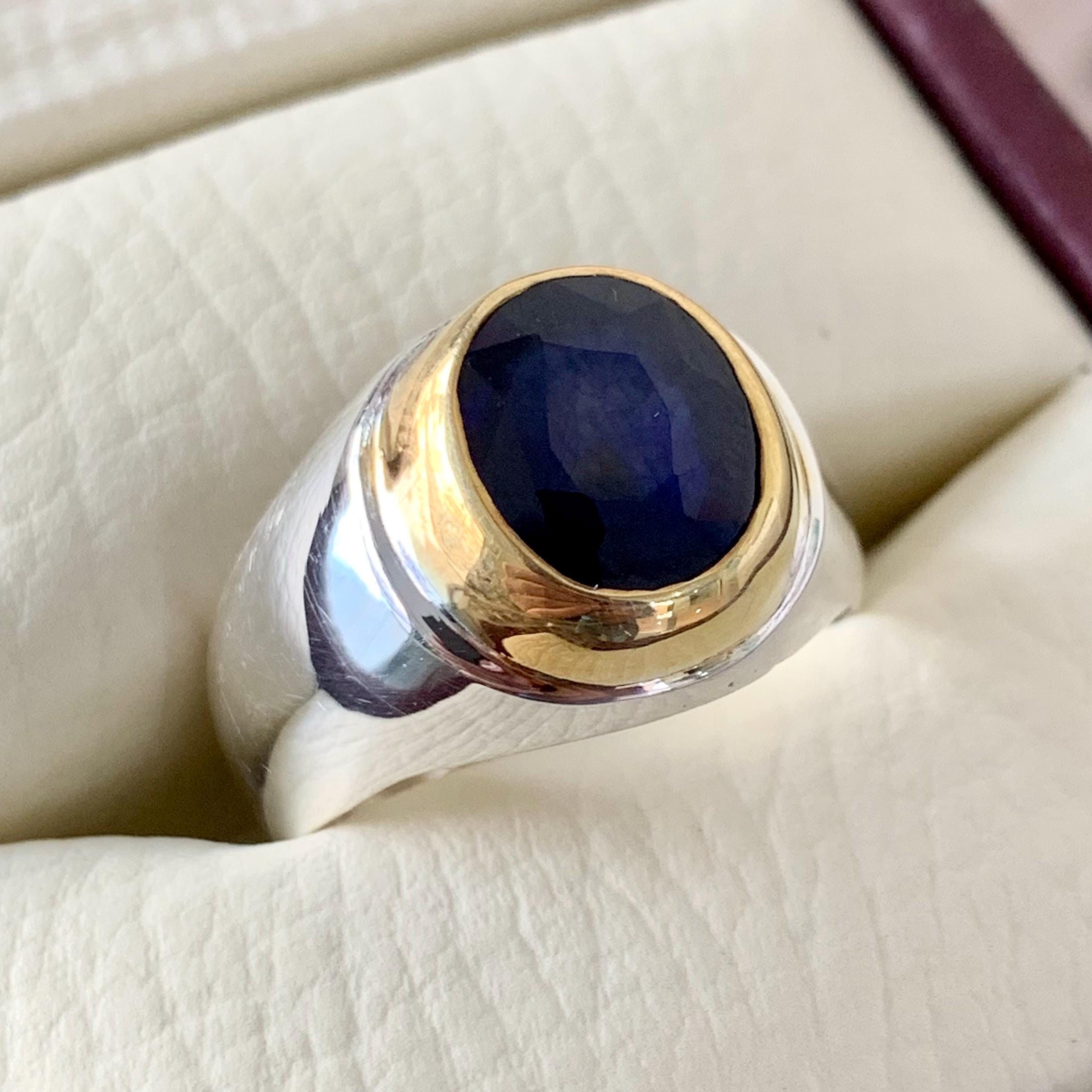 Handcrafted Mens Sapphire Ring, Blue Sapphire Gold Plated Natural Sapphire 925 Sterling Silver Ring, Neelam Ring