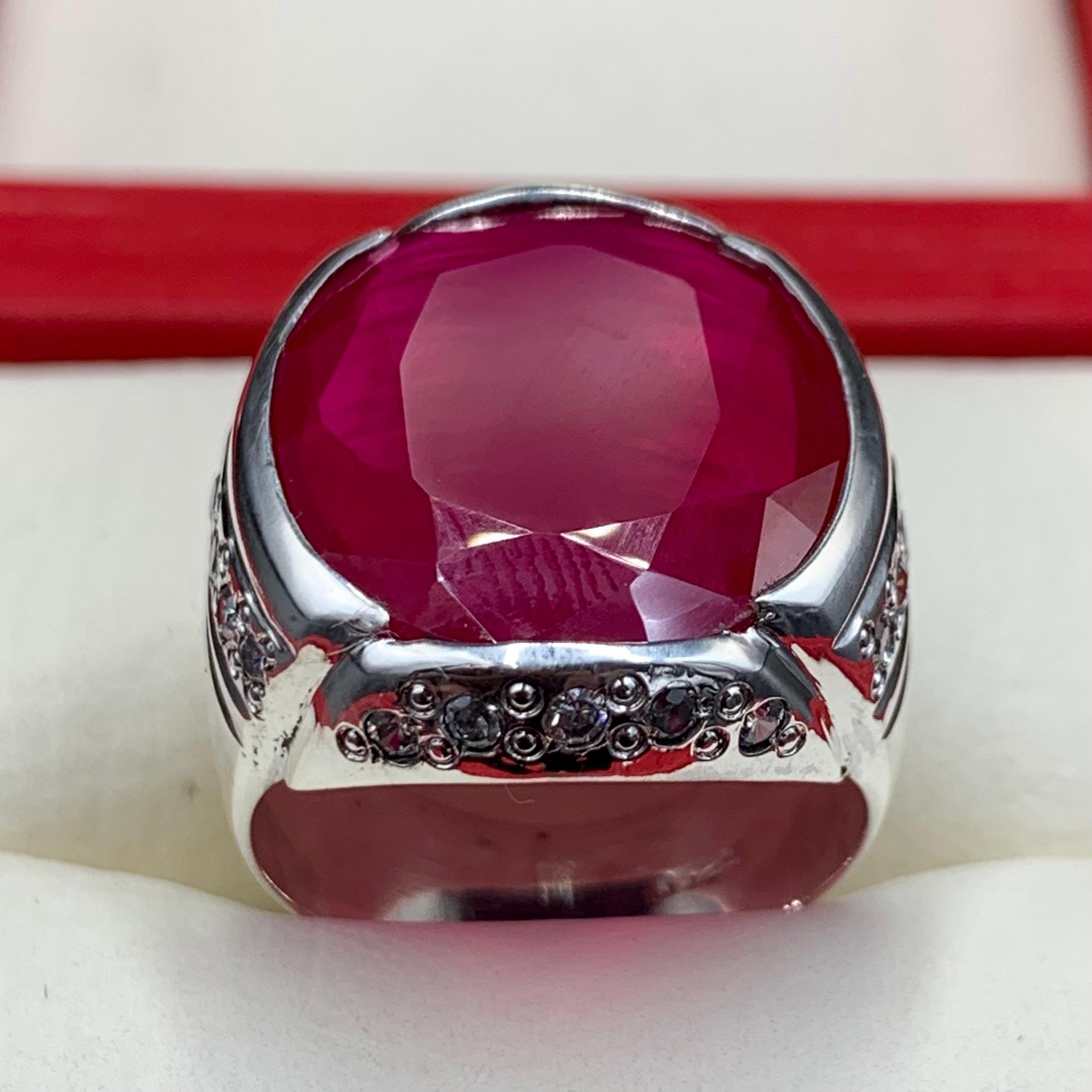 Handcrafted Big Deep Red Ruby Mens Ring Sterling Silver 925 Anari Yaqoot Ring Roby Gemstone Ring
