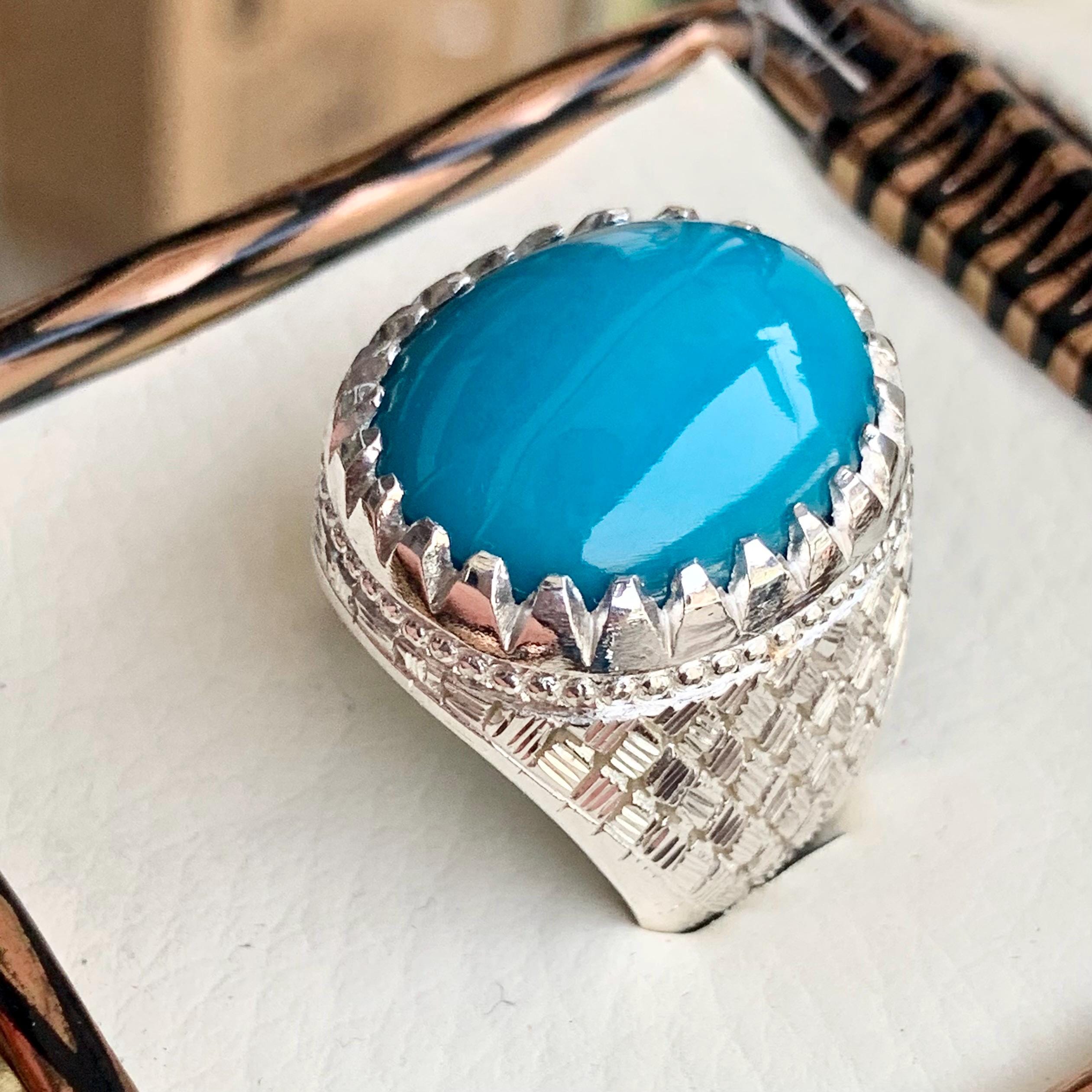 Handcrafted Big Turquoise Ring, 925 Sterling Silver For Men, Natural Feroza Ring, Shia Ring