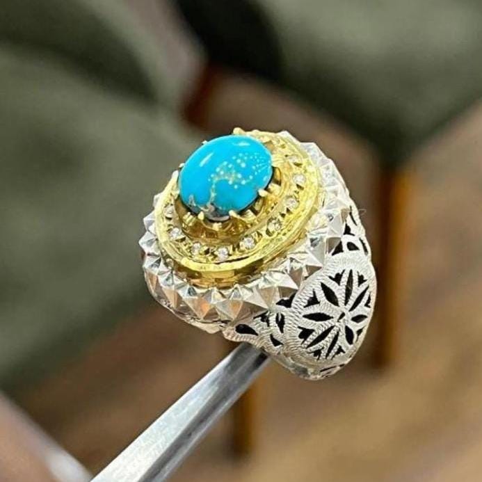 Handcrafted Men Turquoise Ring, 925 Sterling Silver For Men, Natural Feroza Ring, Shia Ring