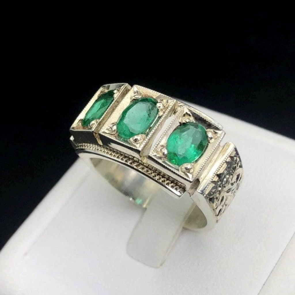 Handcrafted Emerald Ring, Natural Emerald 925 Sterling Silver Ring, Zamurd Ring For Men