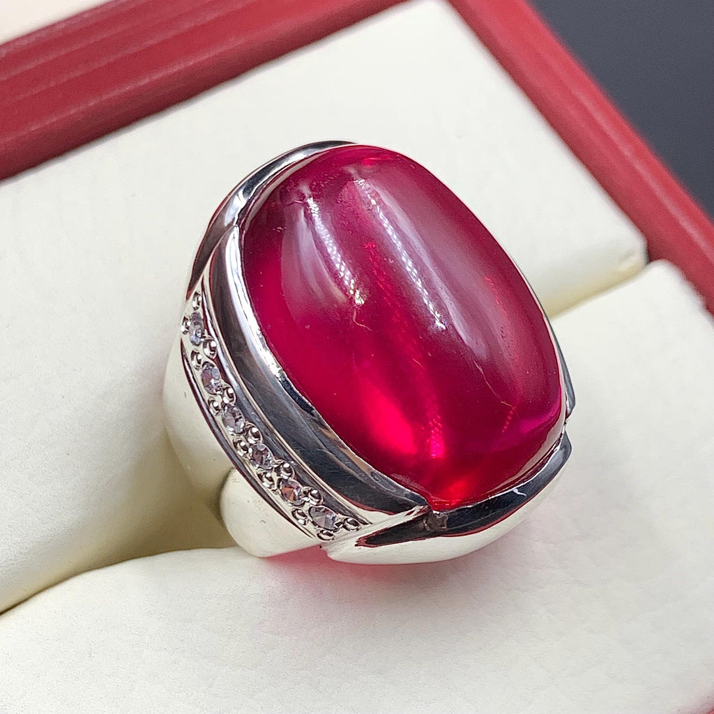 Handcrafted Big Deep Red Ruby Mens Ring Sterling Silver 925 Anari Yaqoot Ring Roby Gemstone Ring