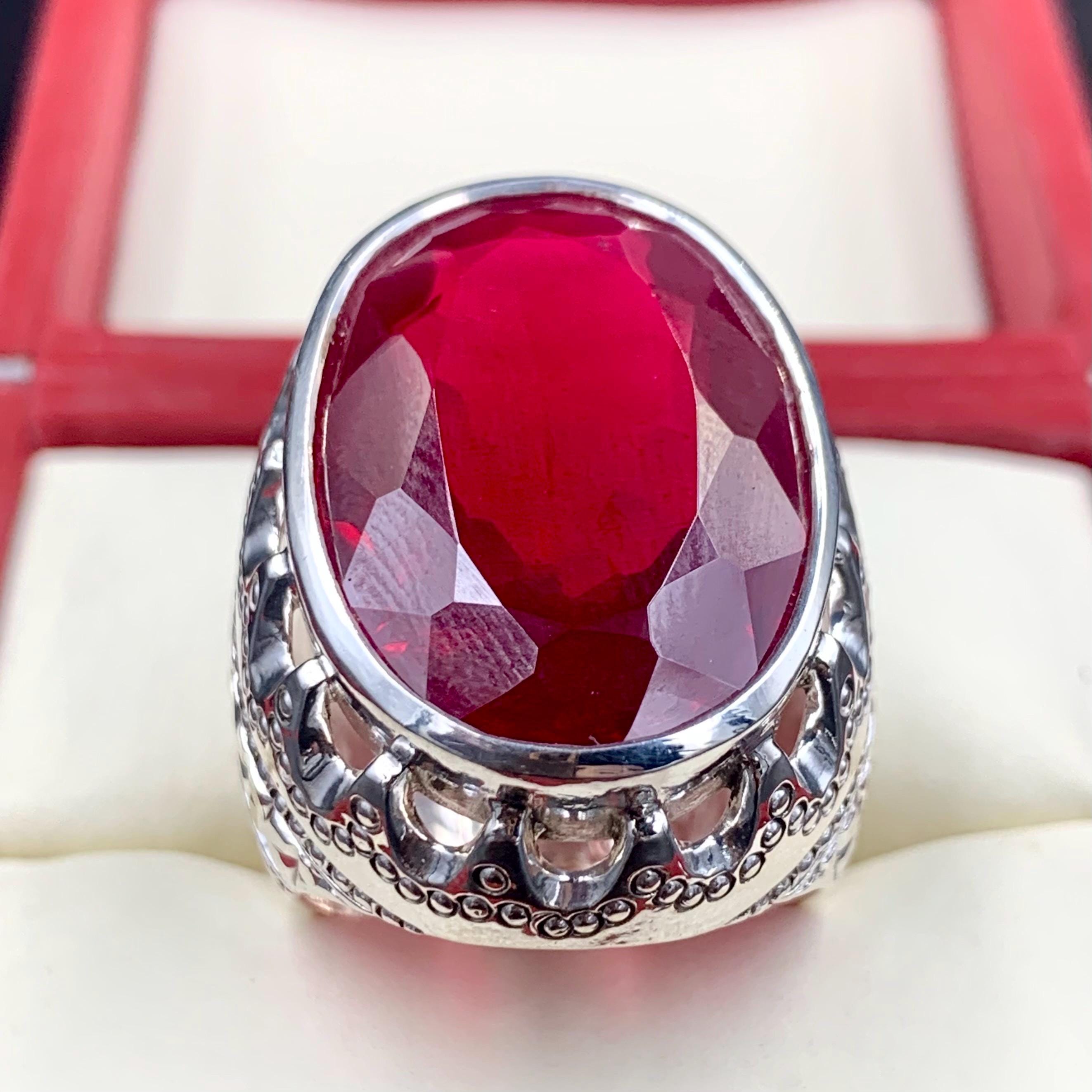 Handcrafted 40 Carats Deep Red Ruby Mens Ring Sterling Silver 925 Anari Yaqoot Ring Ruby Gemstone Ring