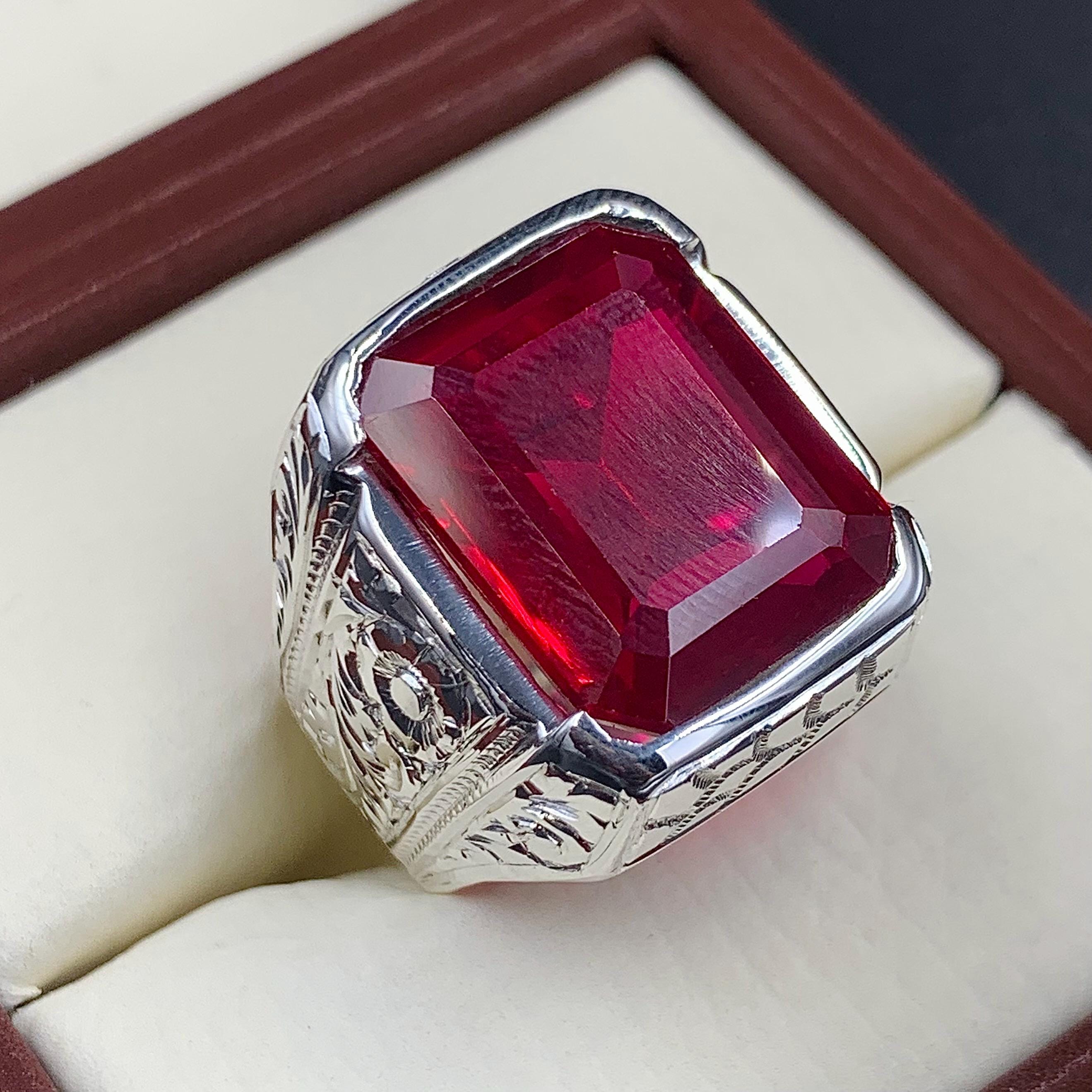 Handcrafted Emerald Cut Red Ruby Mens Ring Sterling Silver 925 Anari Yaqoot Ring Roby Gemstone Ring