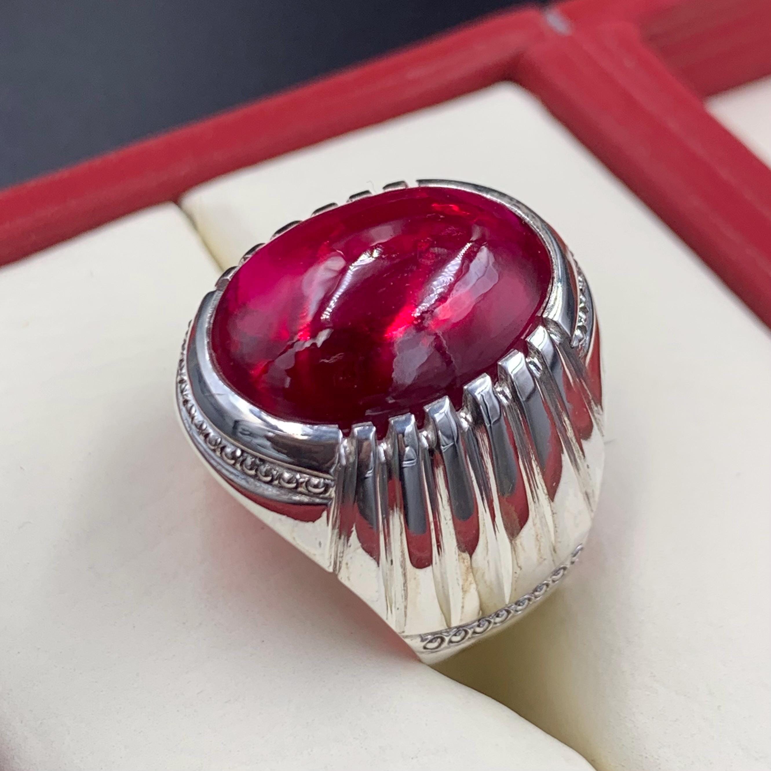 Handcrafted Big Deep Red Ruby Mens Ring Sterling Silver 925 Anari Yaqoot Ring Roby Gemstone Ring