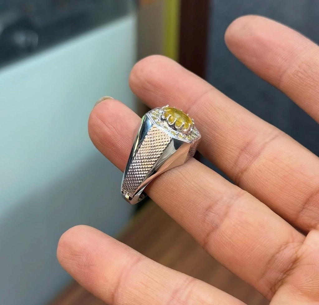 Handcrafted Mens Sapphire Ring, Yellow Sapphire Ring, Natural Sapphire 925 Sterling Silver Ring, Pukhraj Ring