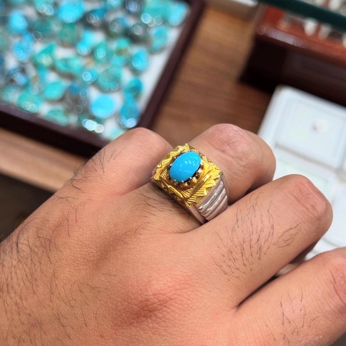 Handcrafted Men Turquoise Ring, 925 Sterling Silver For Men, Natural Feroza Ring, Shia Ring