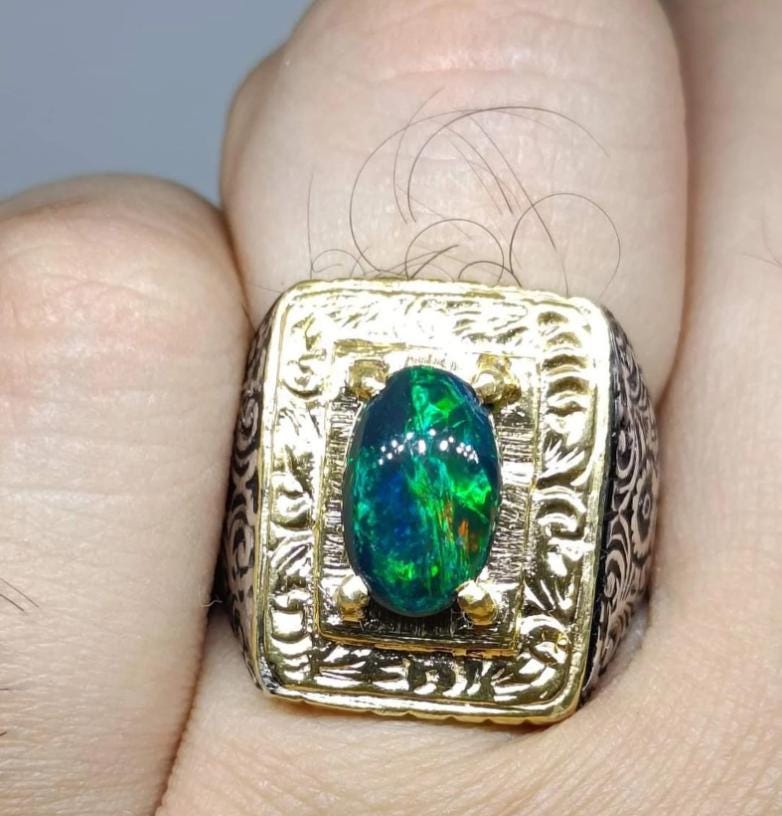 Handcrafted 18k Gold Plated Natural Ethiopian Fire Black Opal Stone Sterling Silver Ring AAA Quality Opal Ring