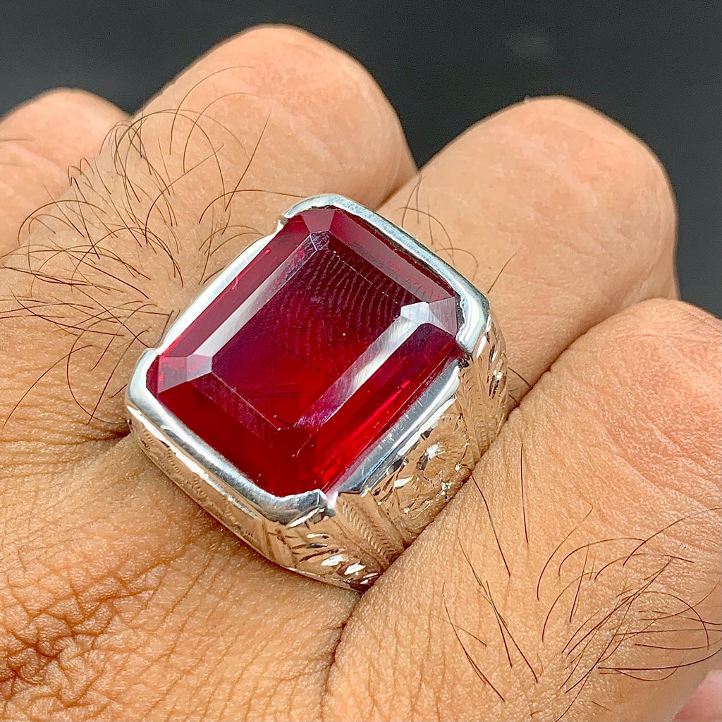 Handcrafted Big Deep Red Ruby Mens Ring Sterling Silver 925 Anari Yaqoot Ring Roby Gemstone Ring