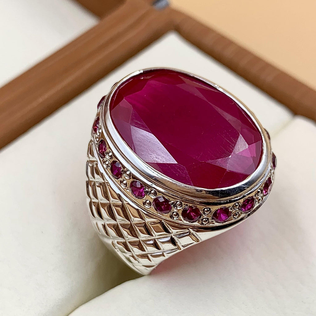 Handcrafted Big Deep Red Ruby Mens Ring Sterling Silver 925 Anari Yaqoot Ring Roby Gemstone Ring