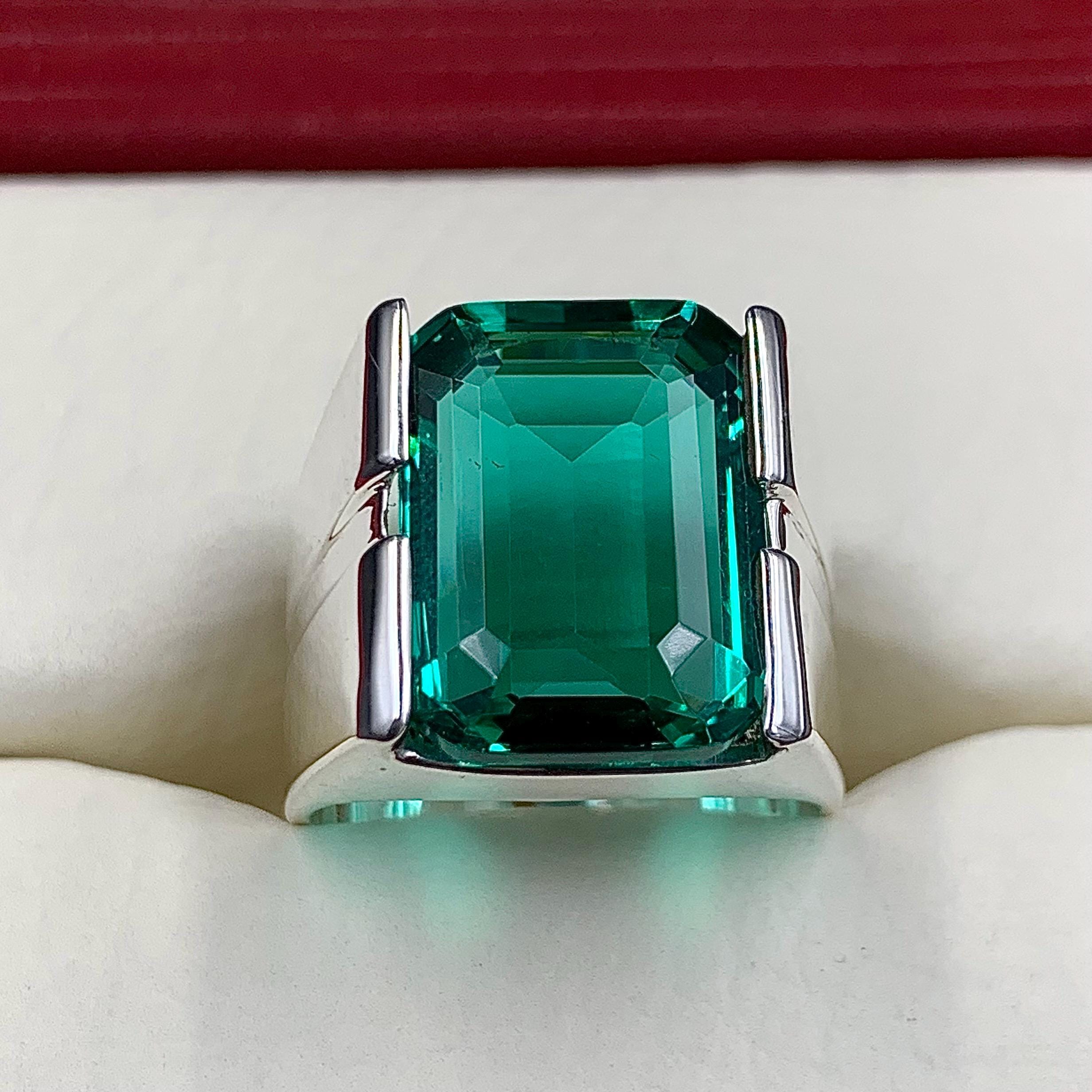 Handcrafted Emerald Cut 12 Carat Rich Green Emerald Mens Square Shape Ring Sterling Silver 925 Zamurd Ring