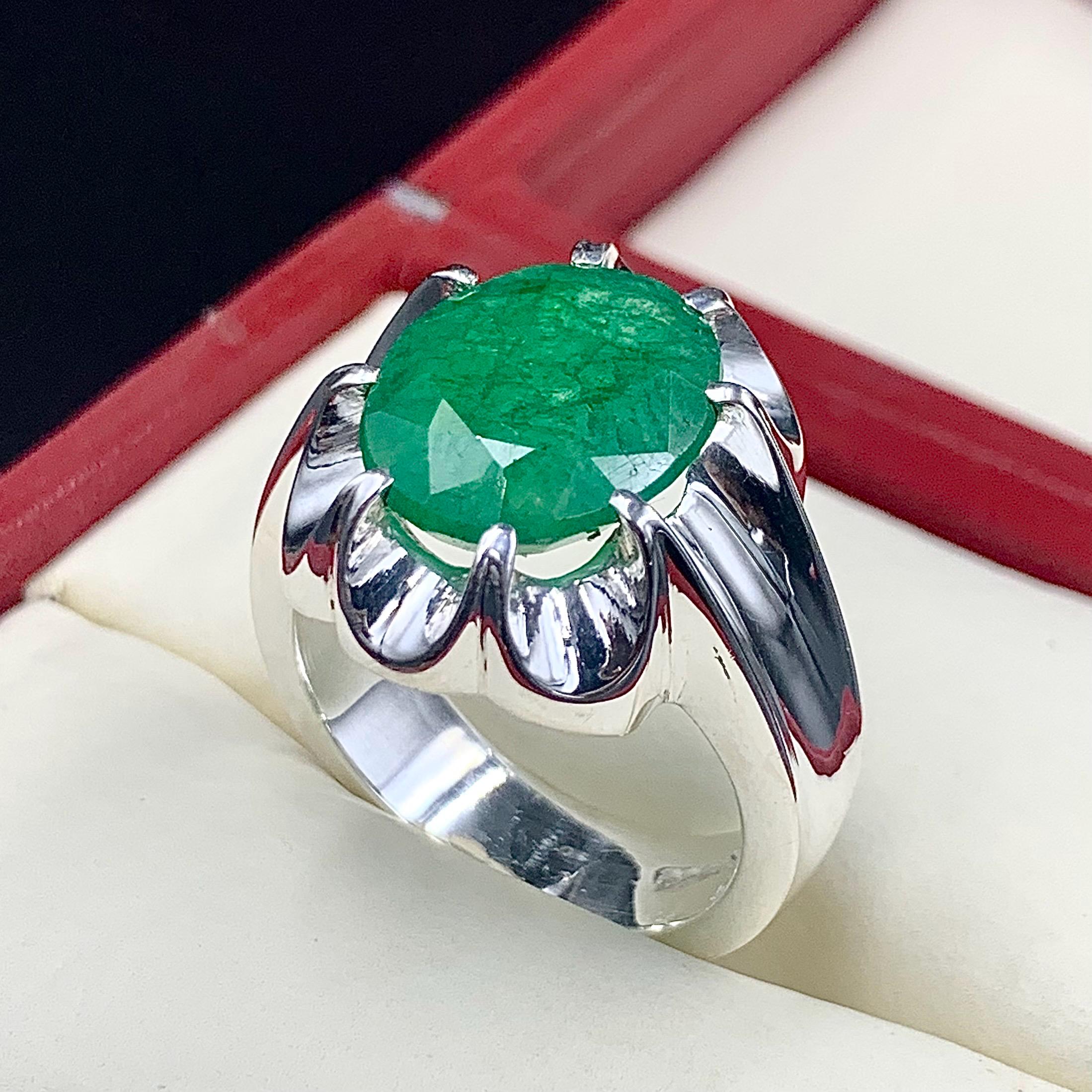 Handcrafted 12 Carats Mens Emerald Ring, Natural Beryl 925 Sterling Silver Ring, Zamurd Ring For Men
