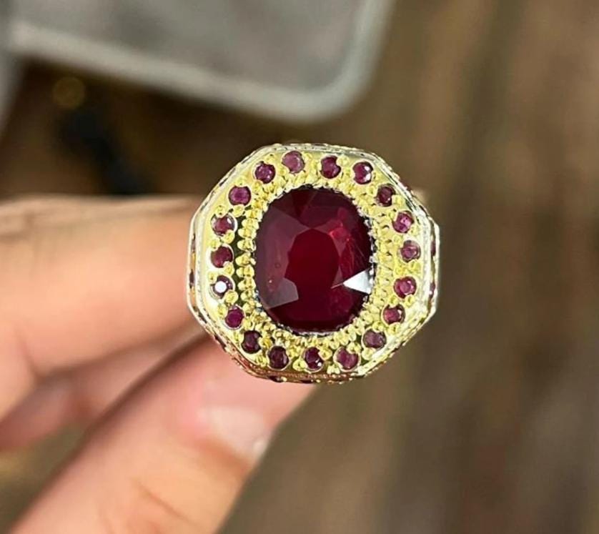 Handcrafted 7 Carats Real Ruby Ring, Natural Ruby Gold Plated Sterling Silver 925 Yaqoot Ring Roby Gemstone Ring
