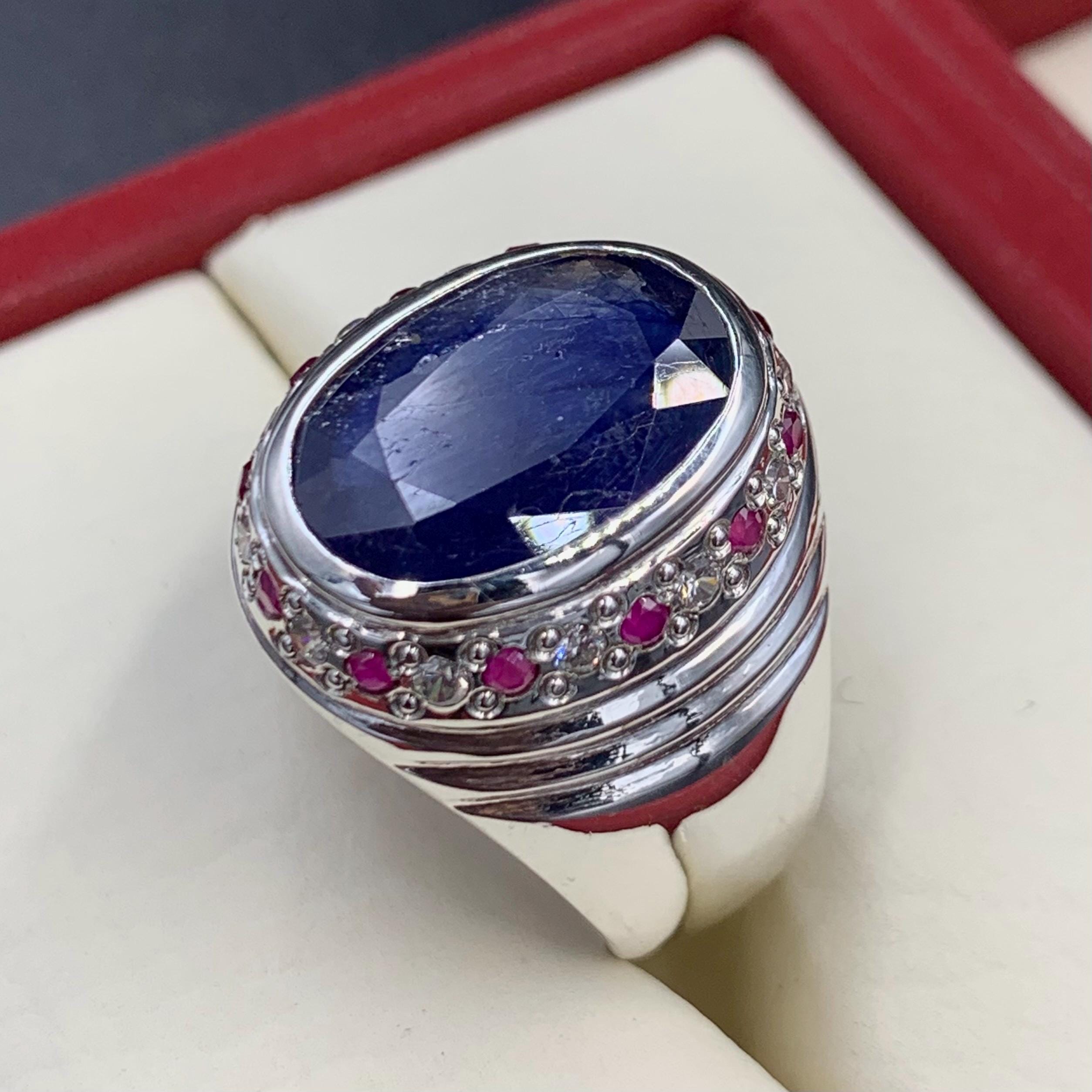 Handcrafted Big Blue Sapphire Ring, Mens Sapphire Ring, Natural Sapphire 925 Sterling Silver Ring, Neelam Ring