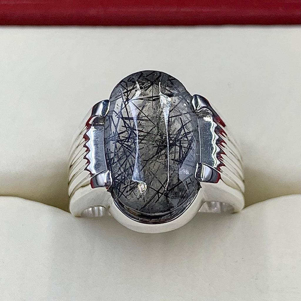 Handcrafted Black Rutilated Quartz 925 Sterling Silver Ring, Natural MuheNajaf Ring For Men, Shia Ring