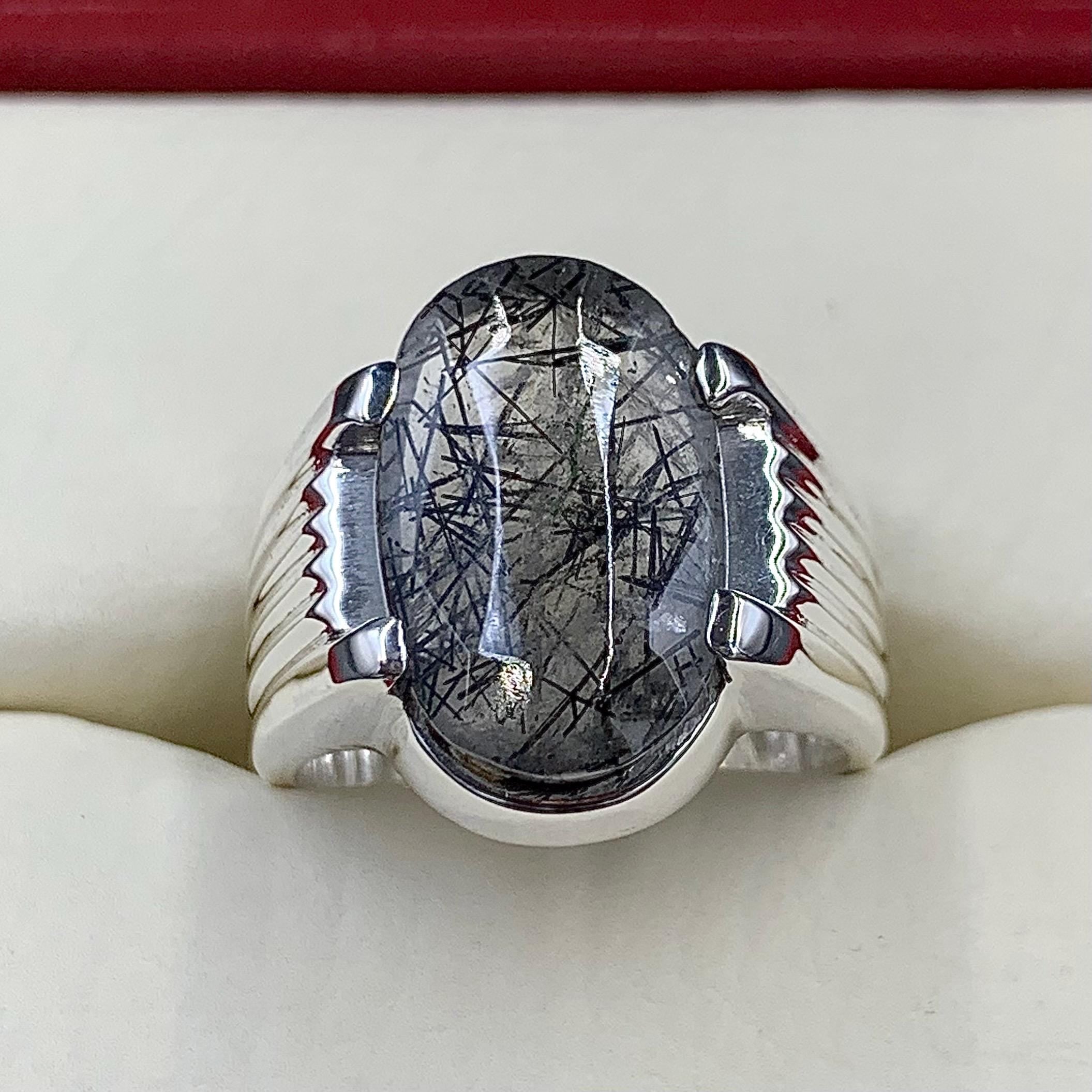 Handcrafted Black Rutilated Quartz 925 Sterling Silver Ring, Natural MuheNajaf Ring For Men, Shia Ring