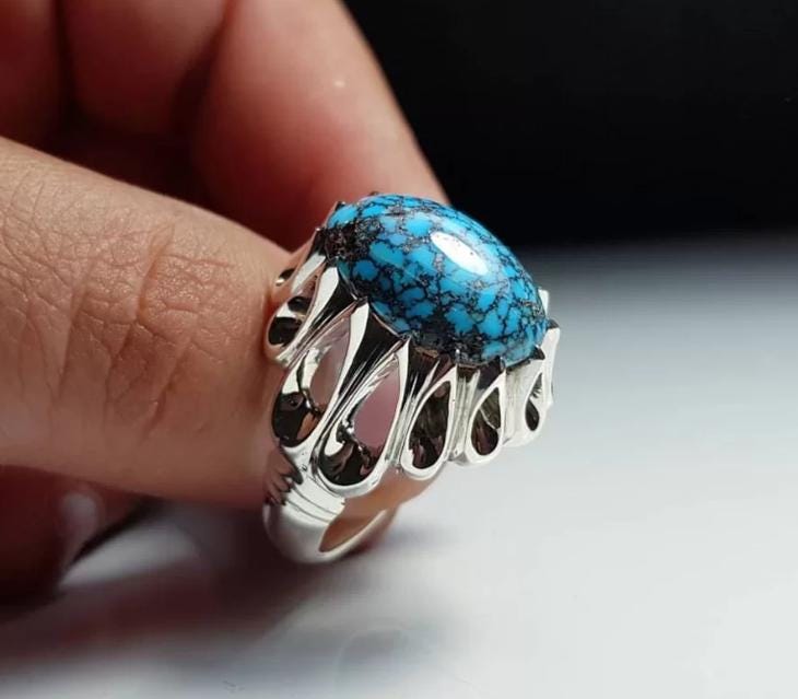 Handcrafted Big Turquoise Ring, 925 Sterling Silver For Men, Natural Shajri Feroza Ring, Shia Ring