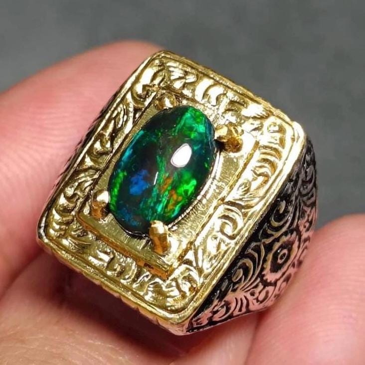 Handcrafted 18k Gold Plated Natural Ethiopian Fire Black Opal Stone Sterling Silver Ring AAA Quality Opal Ring