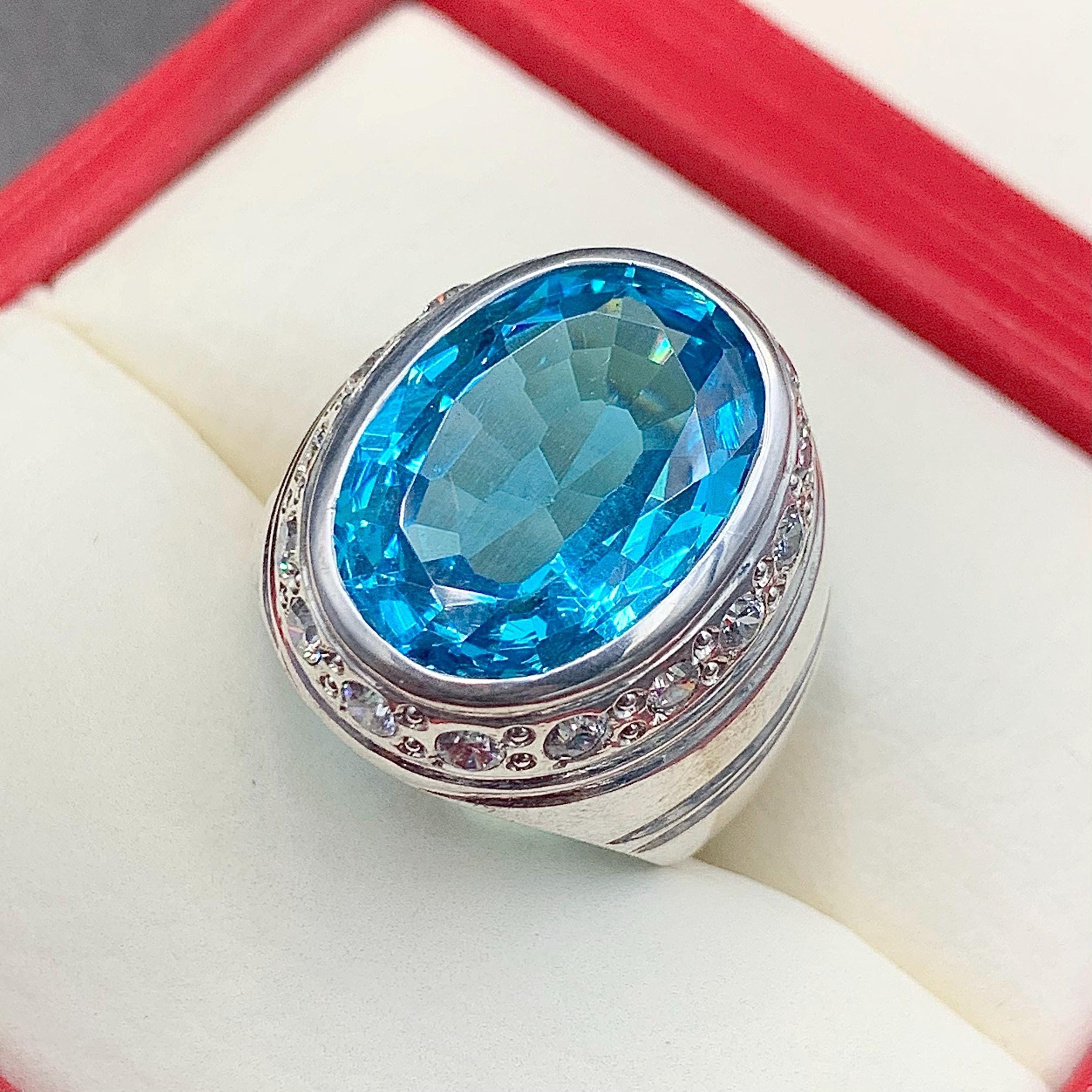 Handcrafted Blue Topaz Ring For Men, 925 Sterling Silver Topaz Stone Ring, Man Made Topaz Ring
