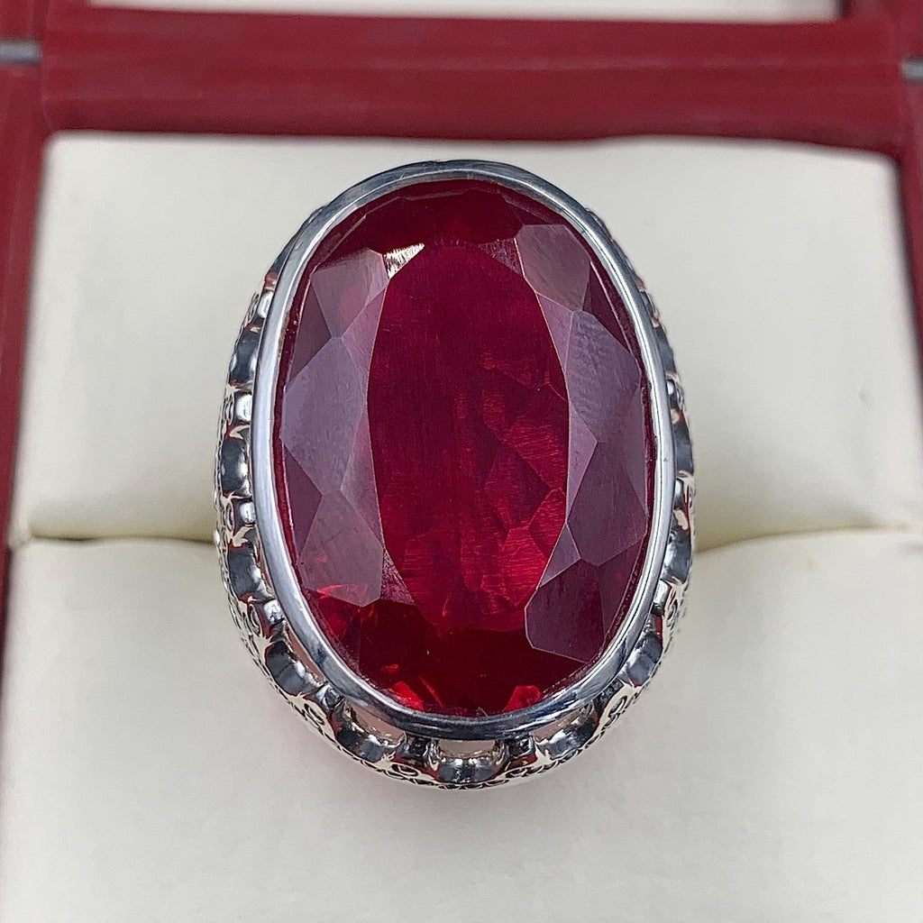Handcrafted 40 Carats Deep Red Ruby Mens Ring Sterling Silver 925 Anari Yaqoot Ring Ruby Gemstone Ring