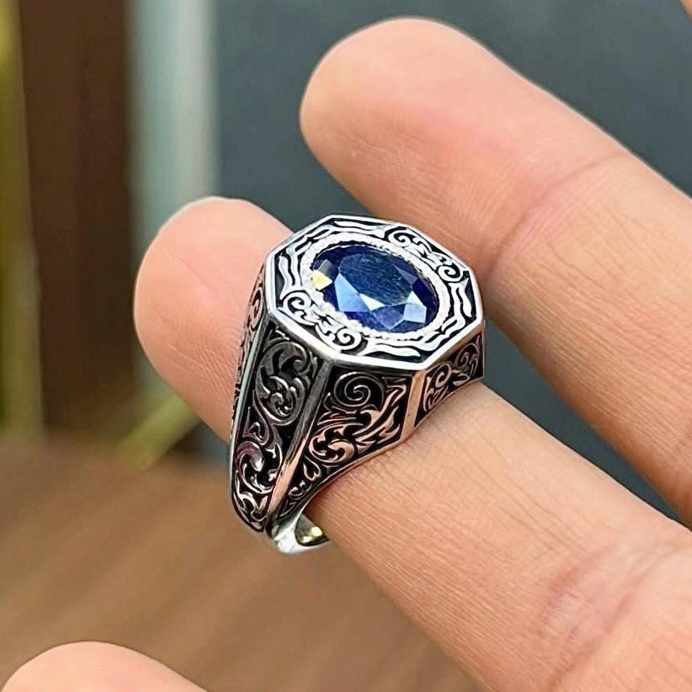 Handcrafted Blue Sapphire Ring, Mens Sapphire Ring, Sapphire 925 Sterling Silver Ring, Neelam Ring