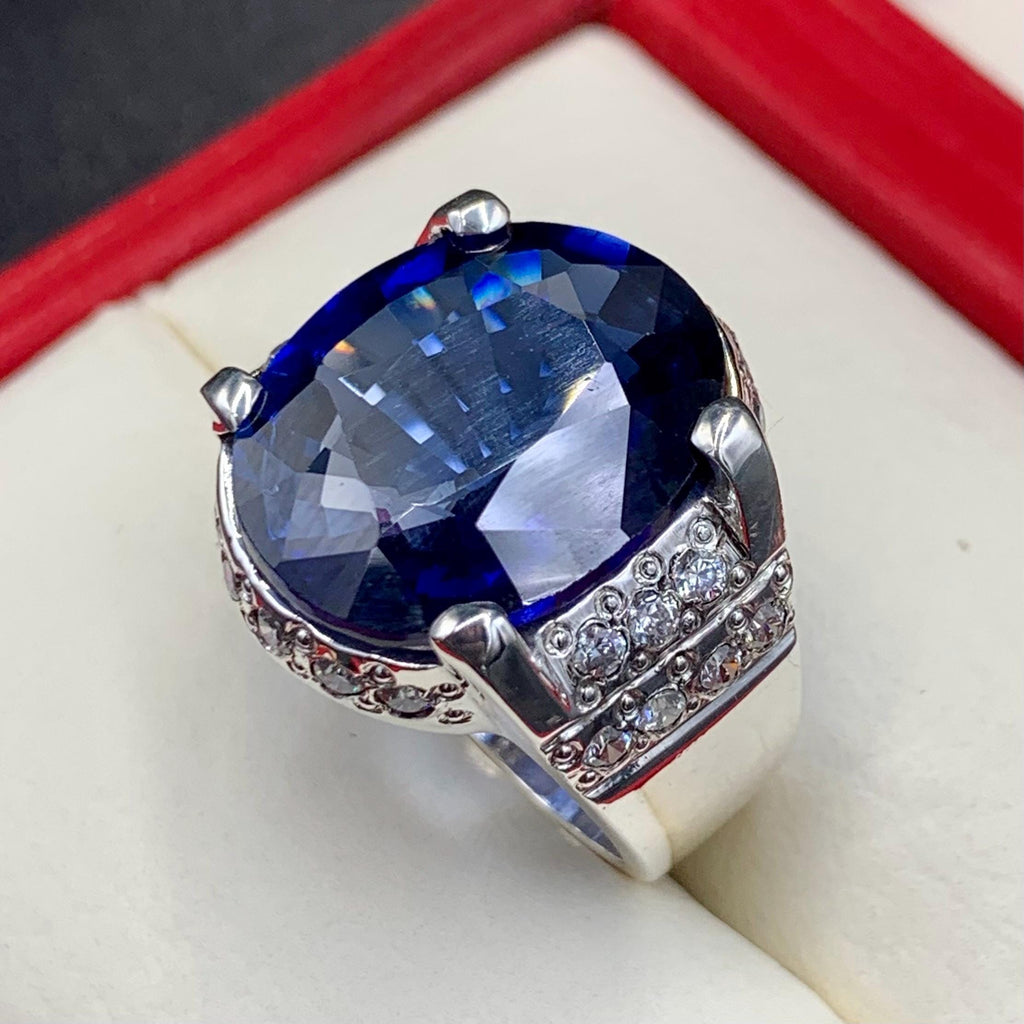 Handcrafted Big Blue Sapphire Ring, Mens Sapphire Ring, Sapphire 925 Sterling Silver Ring, Neelam Ring