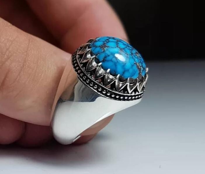 Handcrafted 15 Carats Turquoise Ring, 925 Sterling Silver For Men, Natural Shajri Feroza Ring, Shia Ring