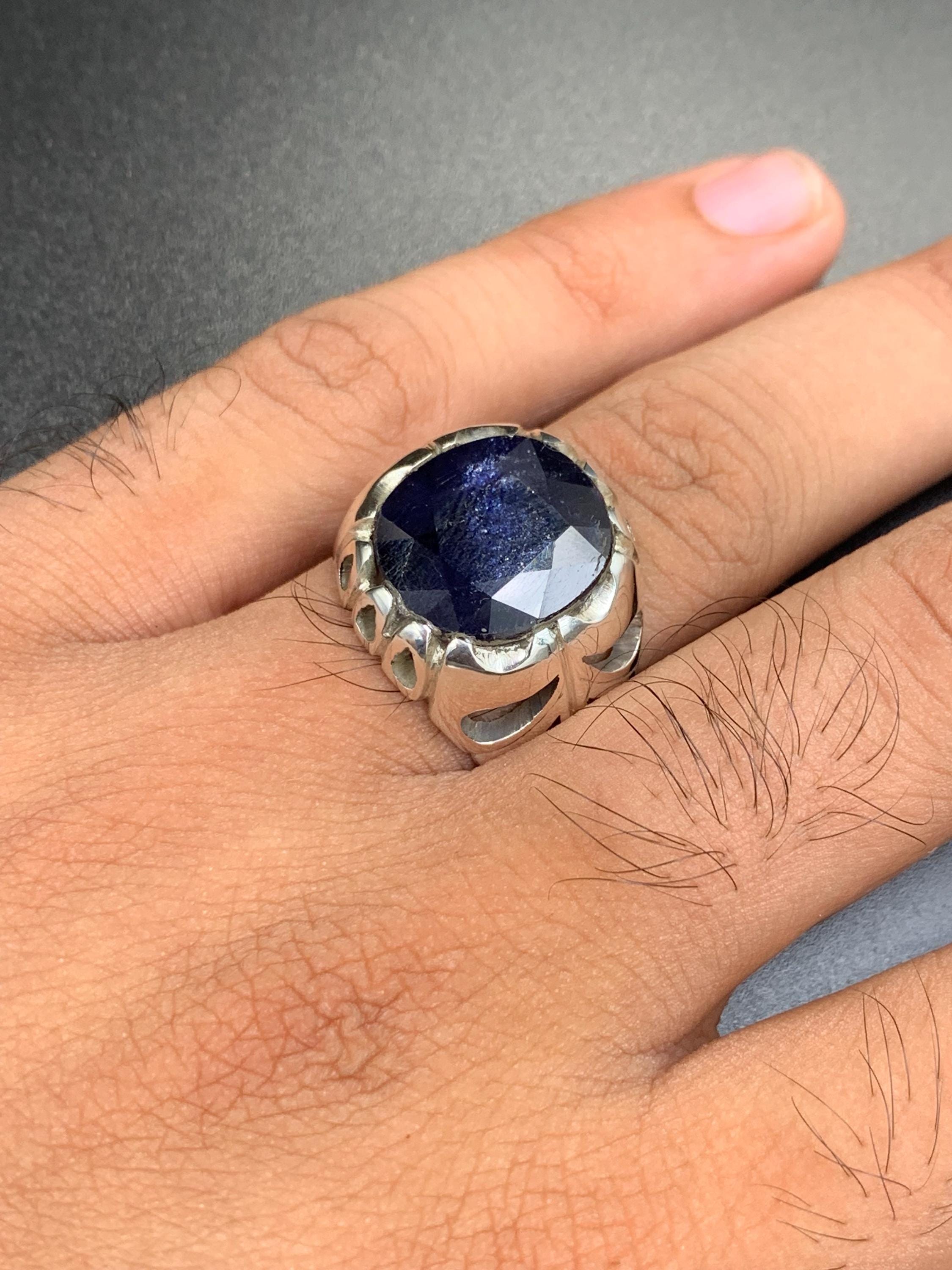 Handcrafted 15 Carats Blue Sapphire Ring, Mens Sapphire Ring, Natural Sapphire 925 Sterling Silver Ring, Neelam Ring