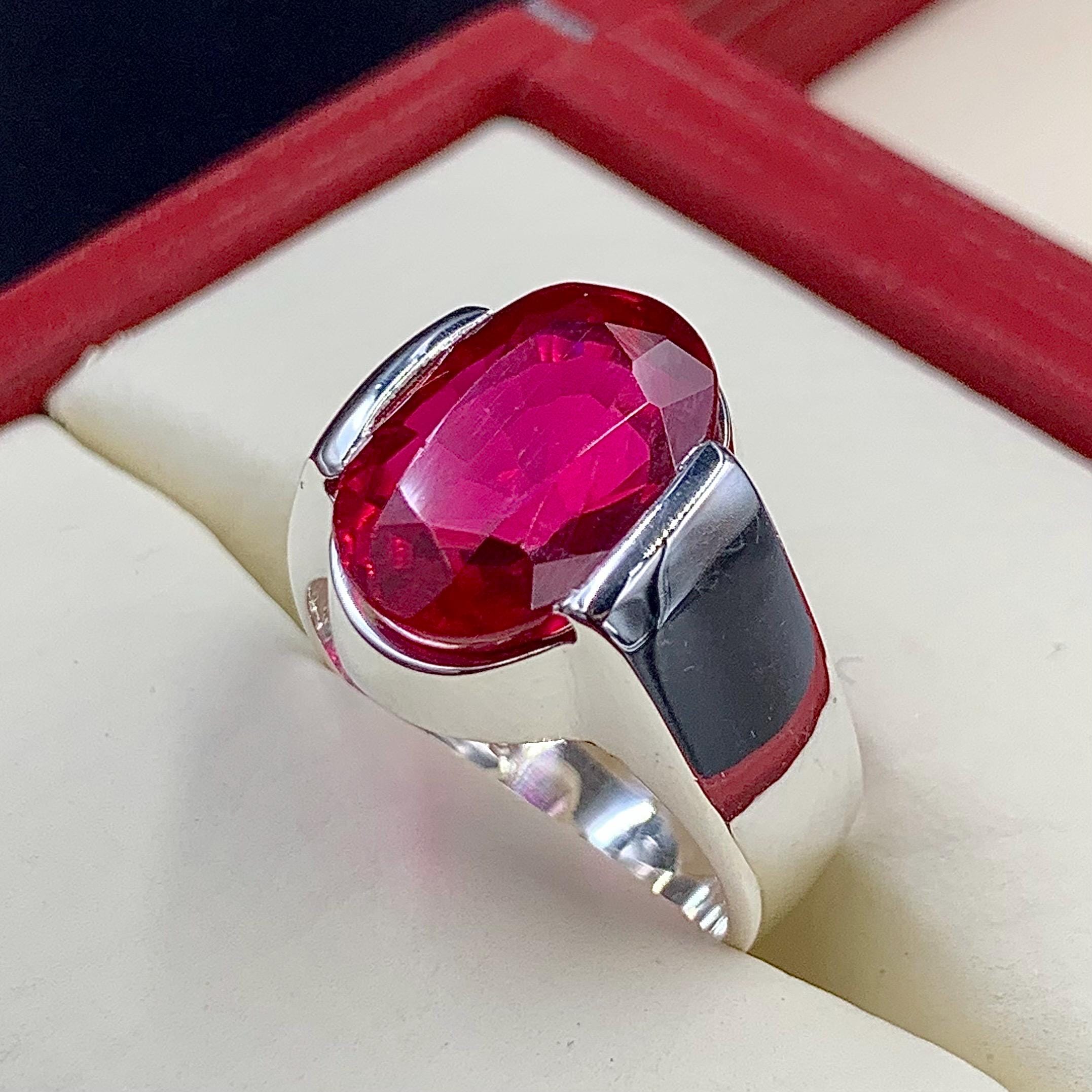 Handcrafted Deep Red Ruby Mens Ring Sterling Silver 925 Anari Yaqoot Ring Ruby Gemstone Ring