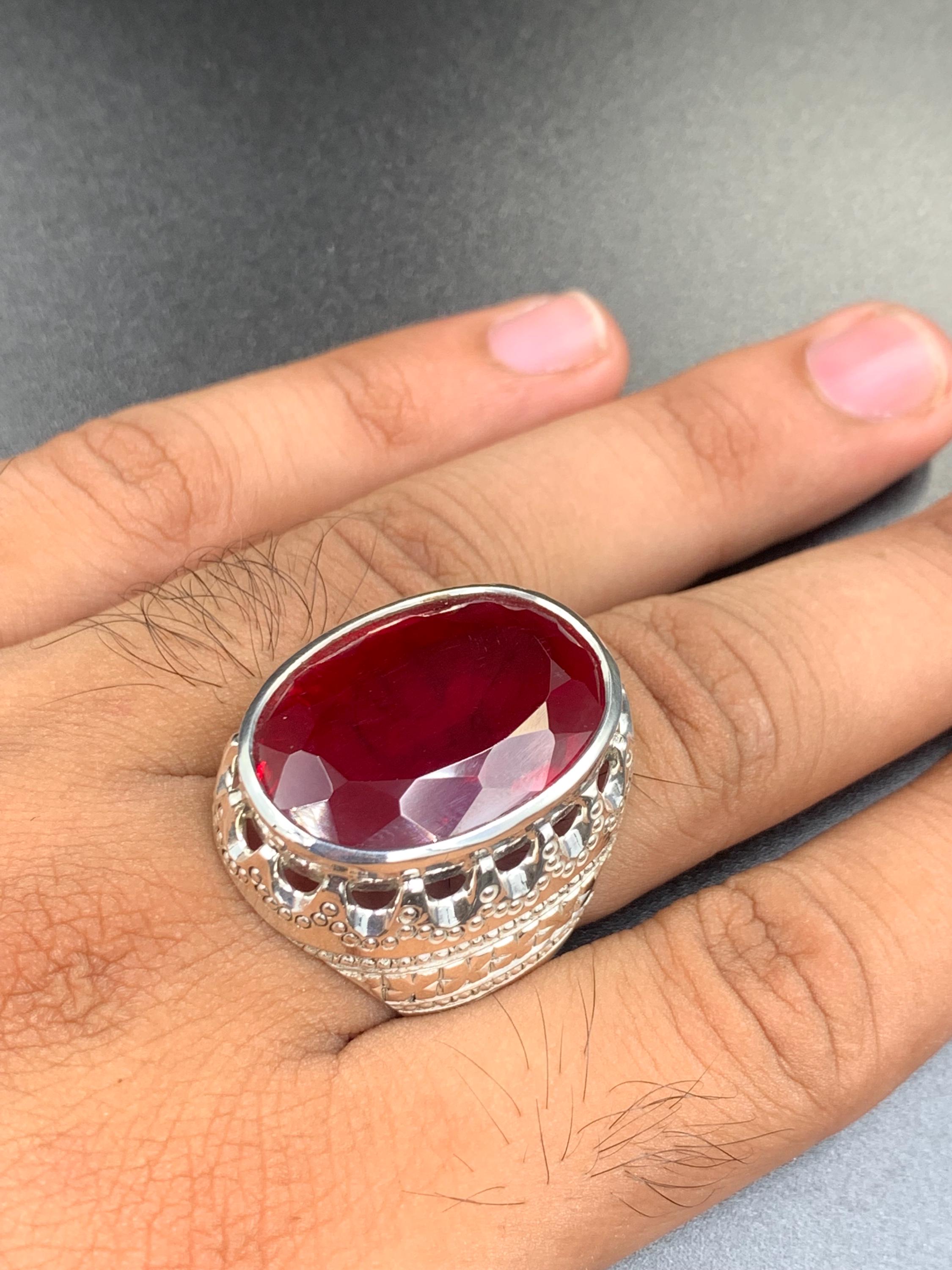 Handcrafted 40 Carats Deep Red Ruby Mens Ring Sterling Silver 925 Anari Yaqoot Ring Ruby Gemstone Ring