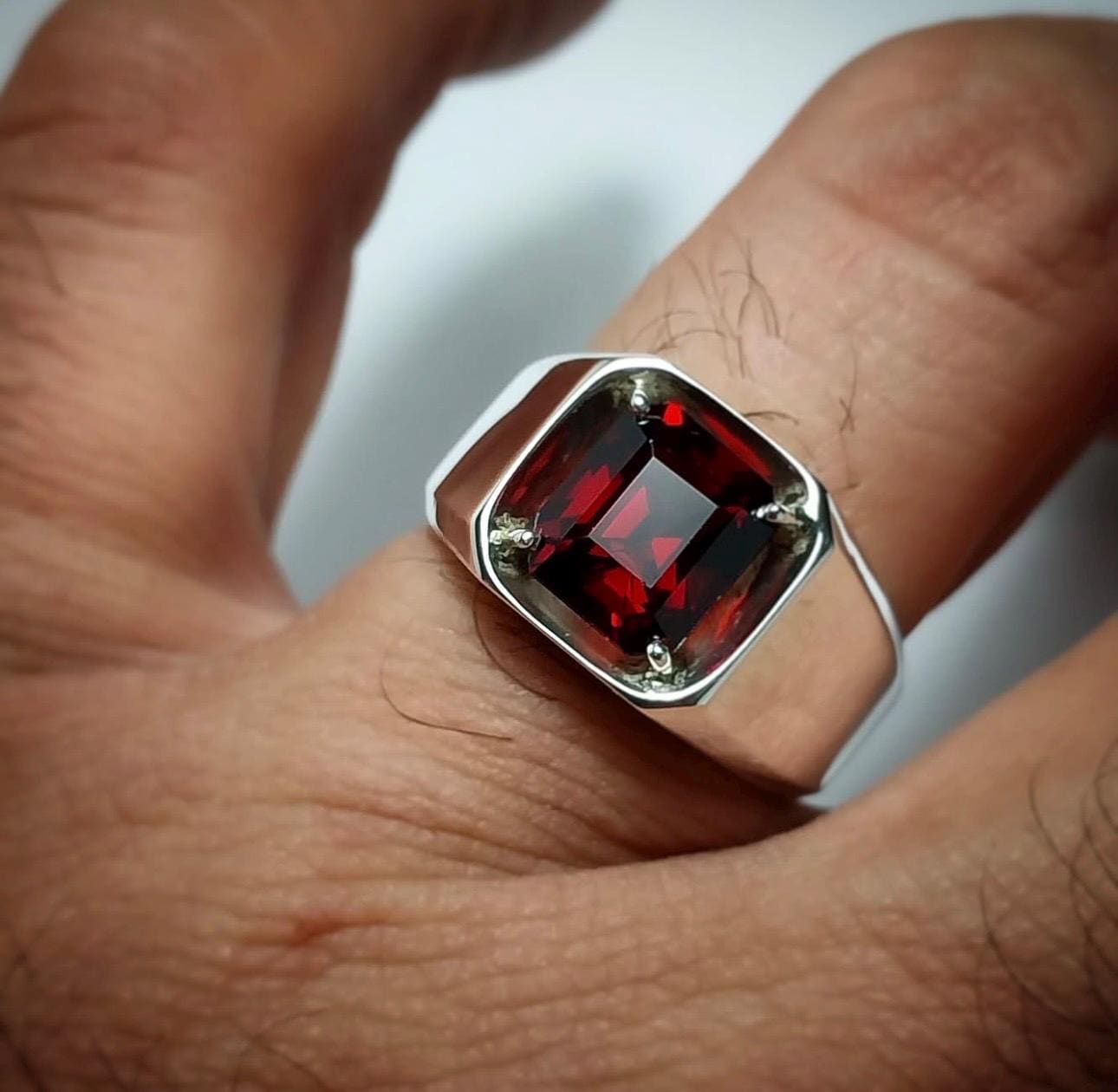 Handcrafted Deep Red Garnet Ring Sterling Silver 925 Garnet Ring For Men January Birthstone, Natural Garnet