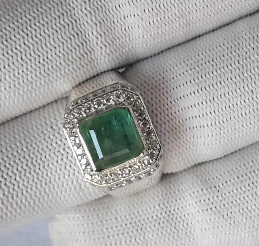 Handcrafted Genuine Green Emerald Men's Ring, 925 Sterling Silver Ring, - Statement Ring, Gift For Christmas
