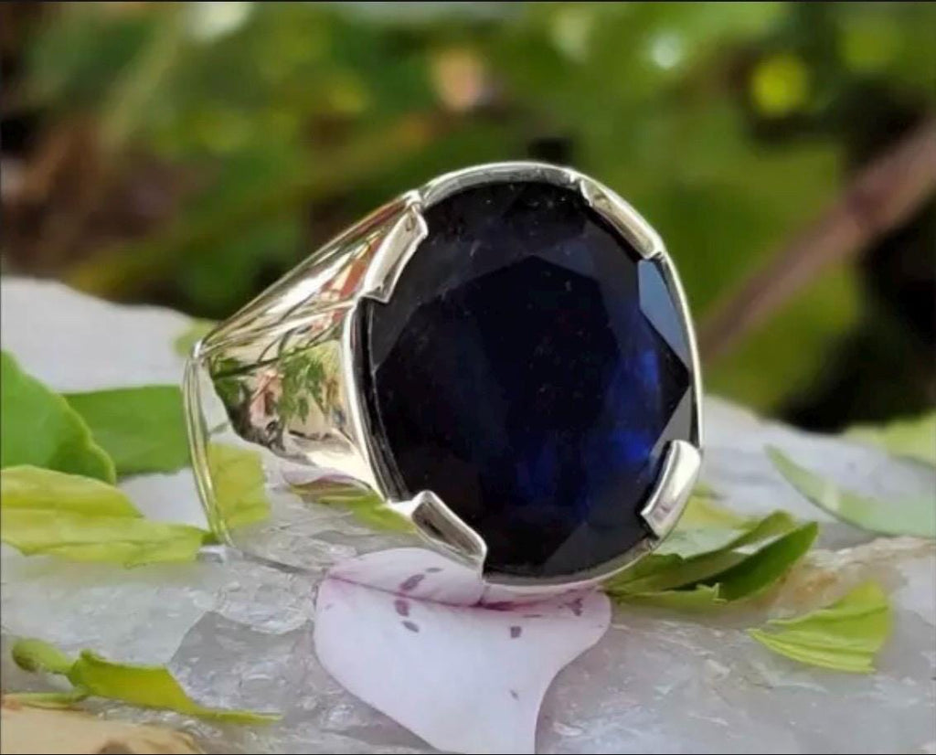 Handcrafted Big Blue Sapphire Ring, Mens Sapphire Ring, Natural Sapphire 925 Sterling Silver Ring, Neelam Ring
