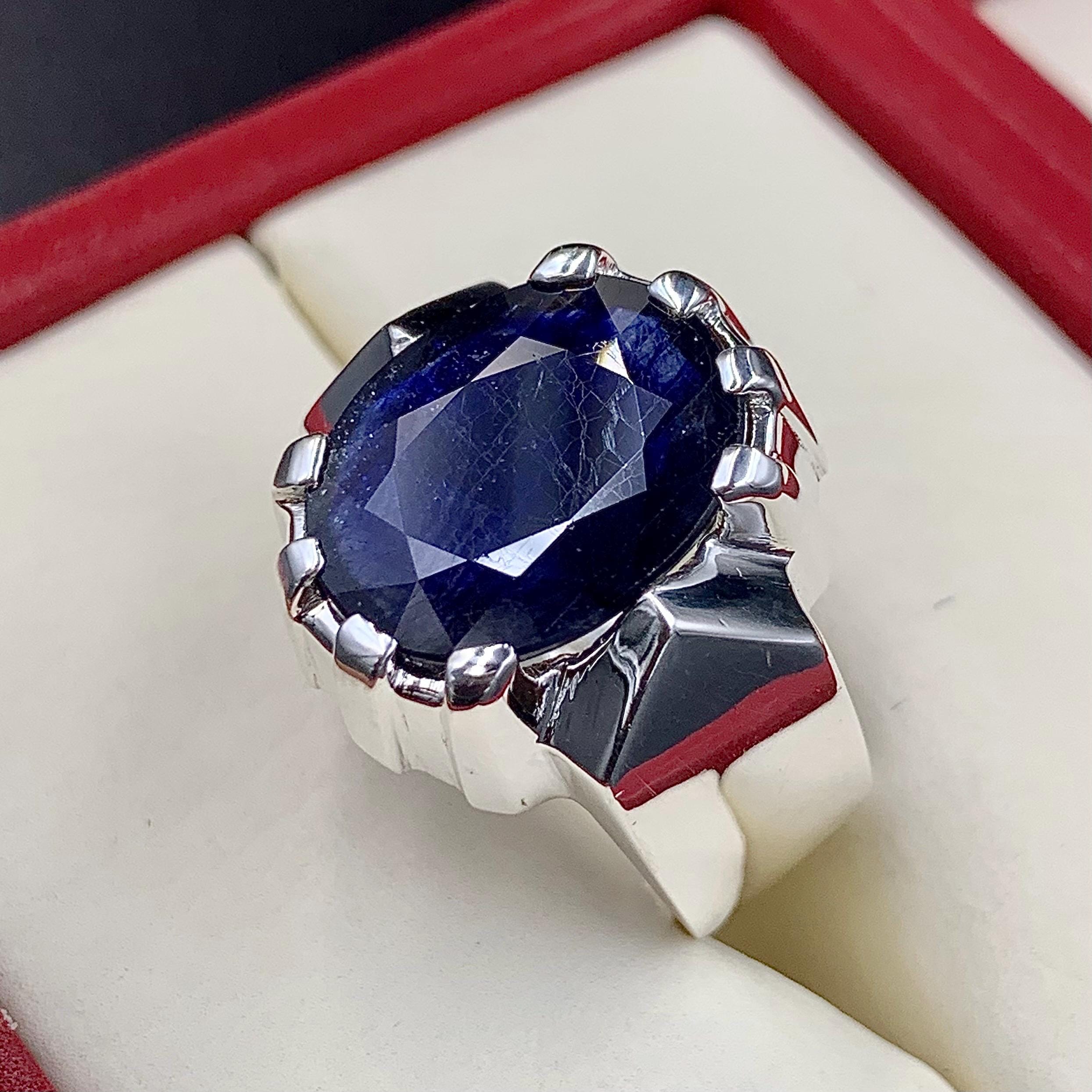 Handcrafted Big Blue Sapphire Ring, Mens Sapphire Ring, Natural Sapphire 925 Sterling Silver Ring, Neelam Ring