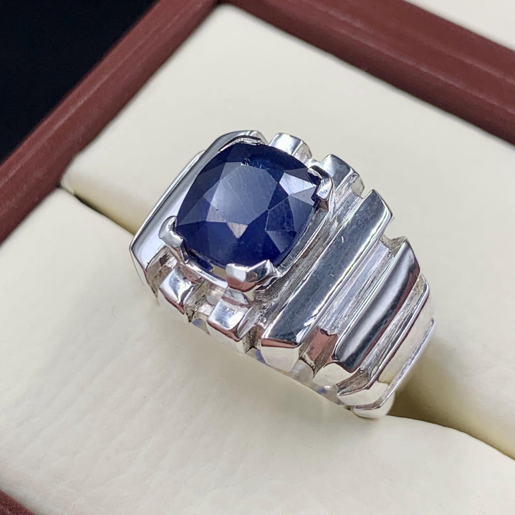 Handcrafted Mens Sapphire Ring, Blue Sapphire Ring, Natural Sapphire 925 Sterling Silver Ring, Neelam Ring