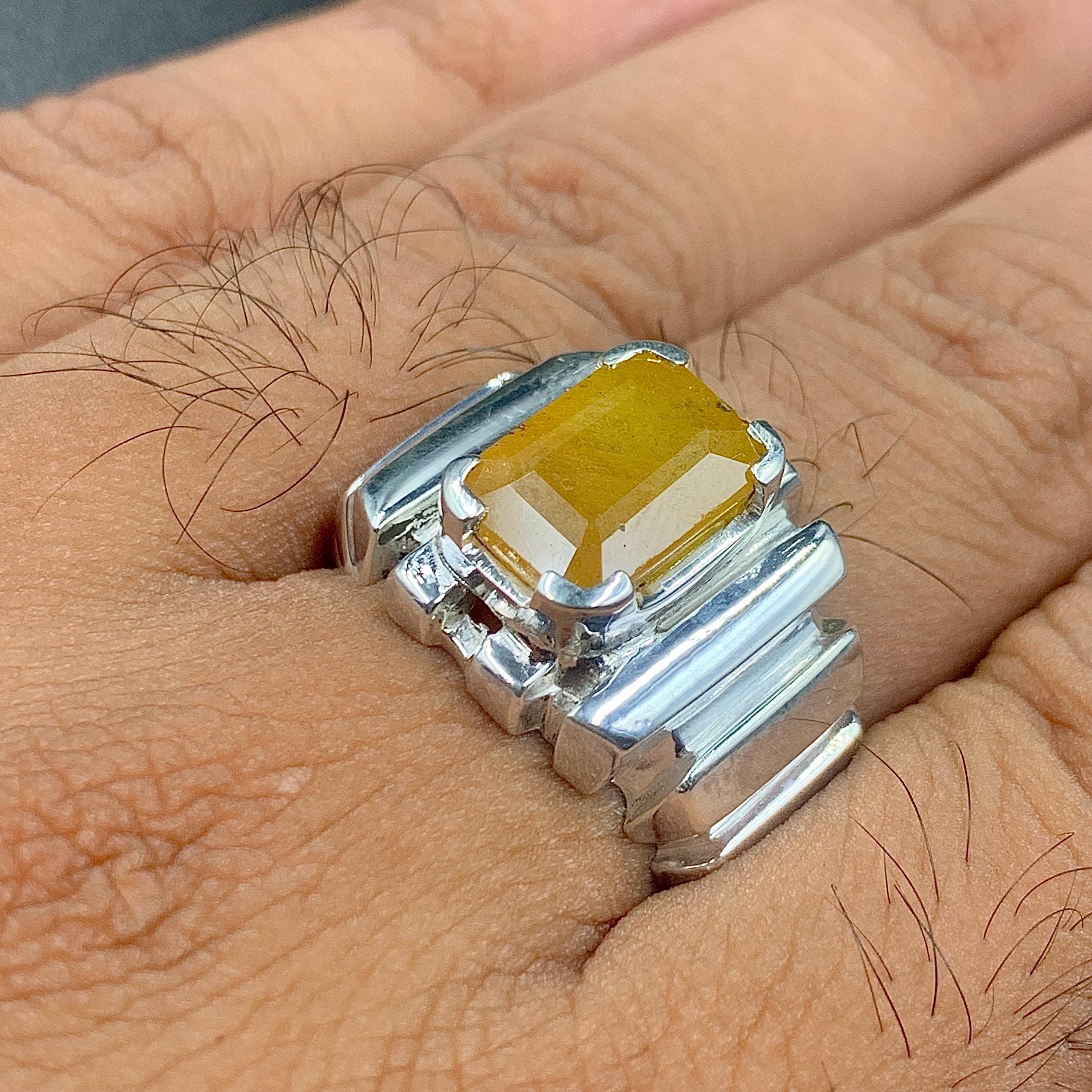Handcrafted Emerald Cut Yellow Sapphire Ring, Mens Sapphire Ring, Natural Sapphire 925 Sterling Silver Ring, Pukhraj Ring