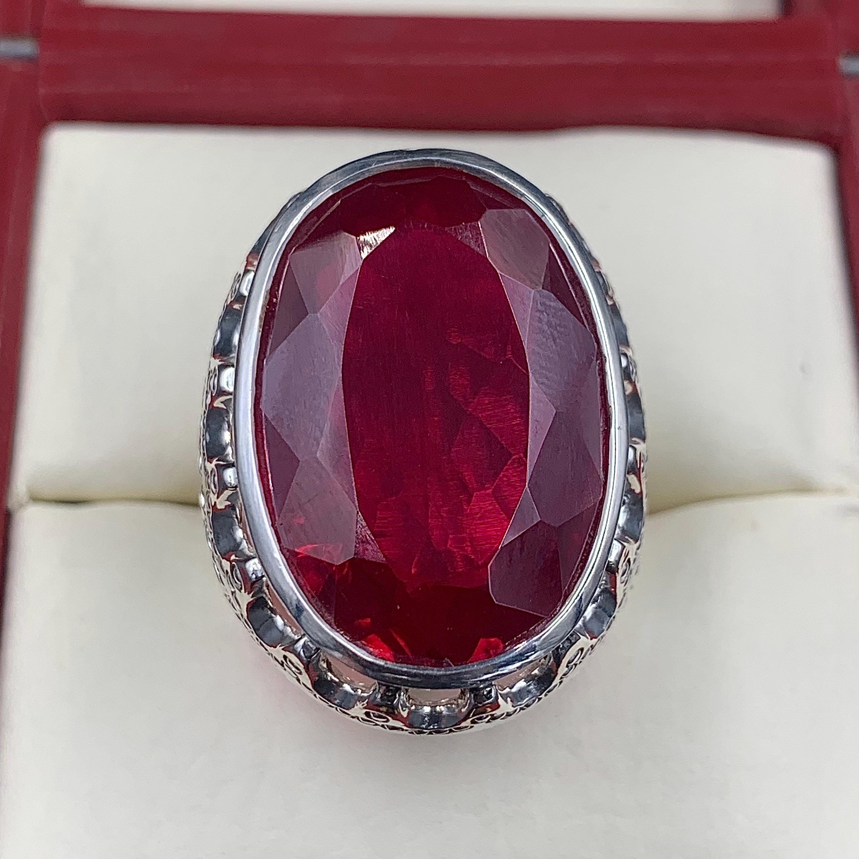 Handcrafted 40 Carats Deep Red Ruby Mens Ring Sterling Silver 925 Anari Yaqoot Ring Ruby Gemstone Ring