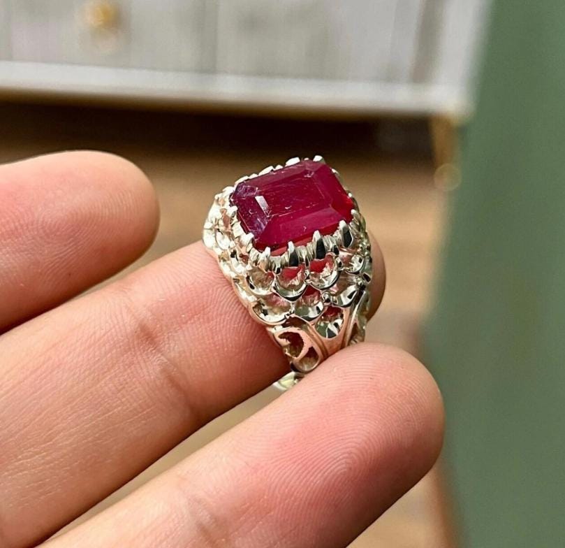 Handcrafted Emerald Cut Ruby Ring, Natural Ruby Sterling Silver 925 Yaqoot Ring Roby Gemstone Ring