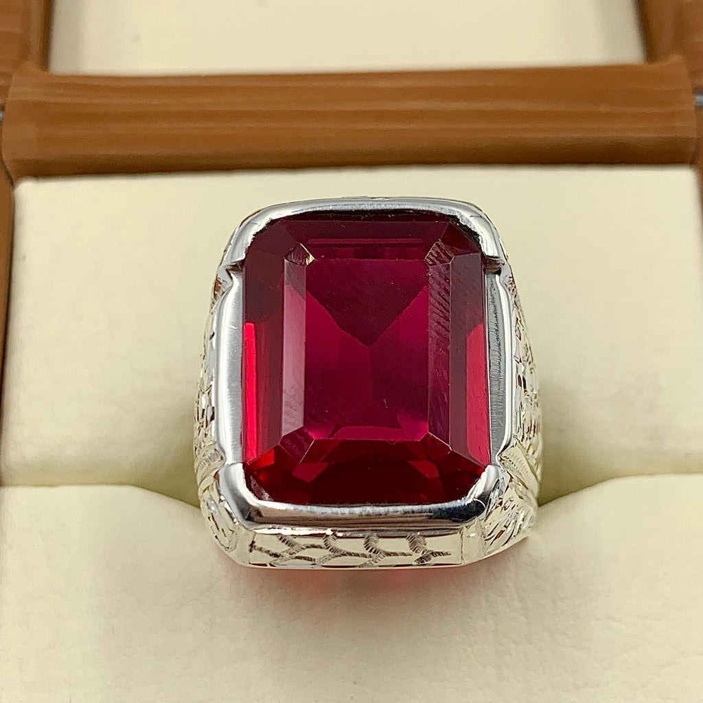 Handcrafted Big Deep Red Ruby Mens Ring Sterling Silver 925 Anari Yaqoot Ring Roby Gemstone Ring