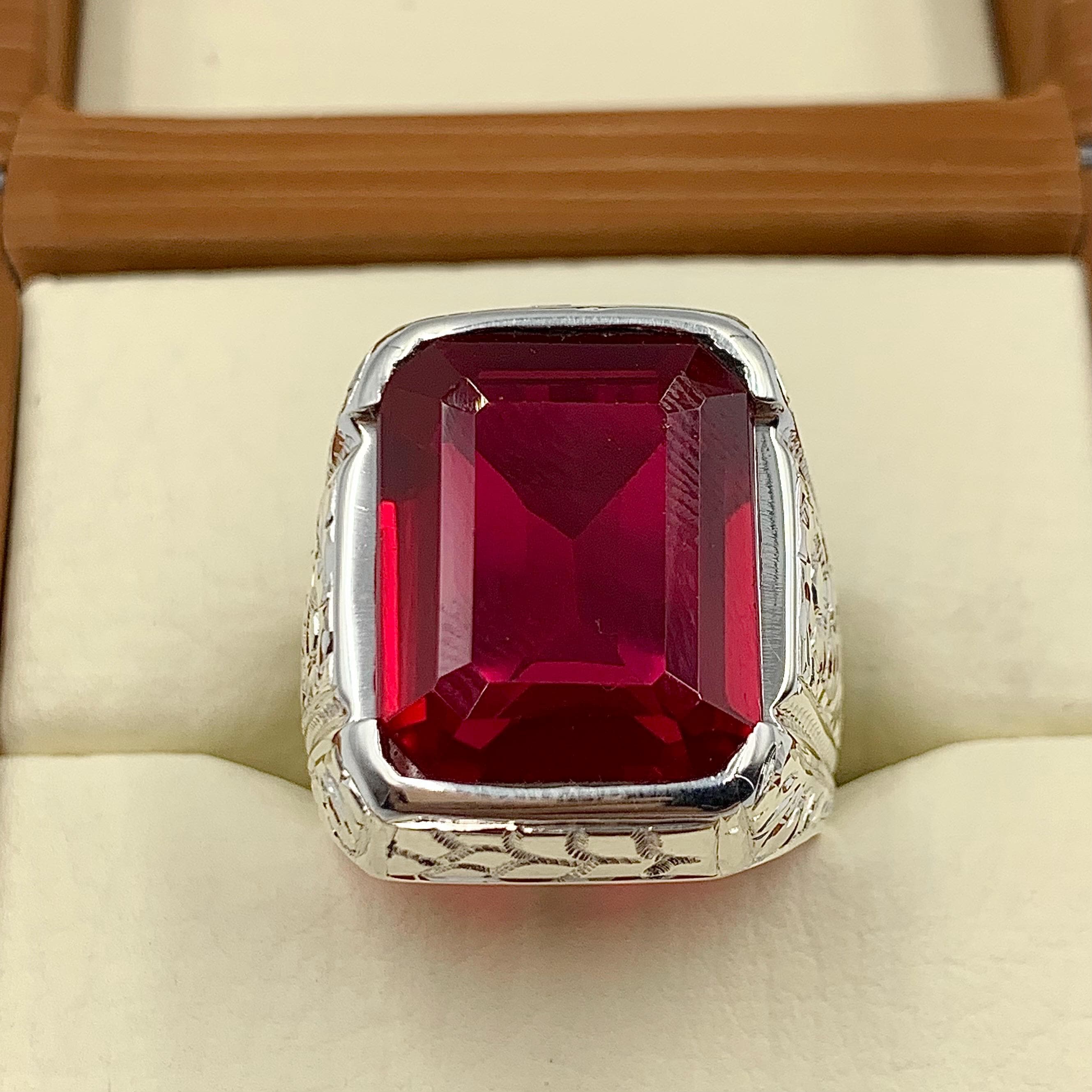 Handcrafted Big Deep Red Ruby Mens Ring Sterling Silver 925 Anari Yaqoot Ring Roby Gemstone Ring